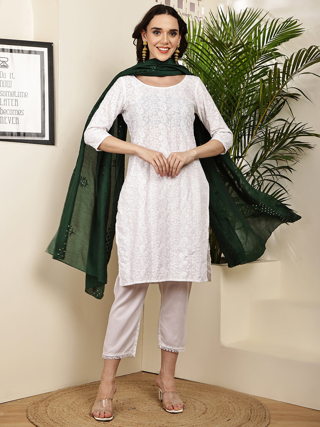 Dupatta- Cotton Silk Foil Mirror Work- Teal Green
