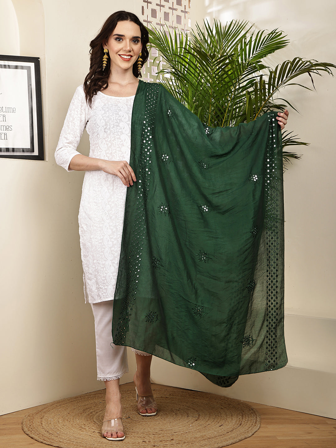 Dupatta- Cotton Silk Foil Mirror Work- Teal Green