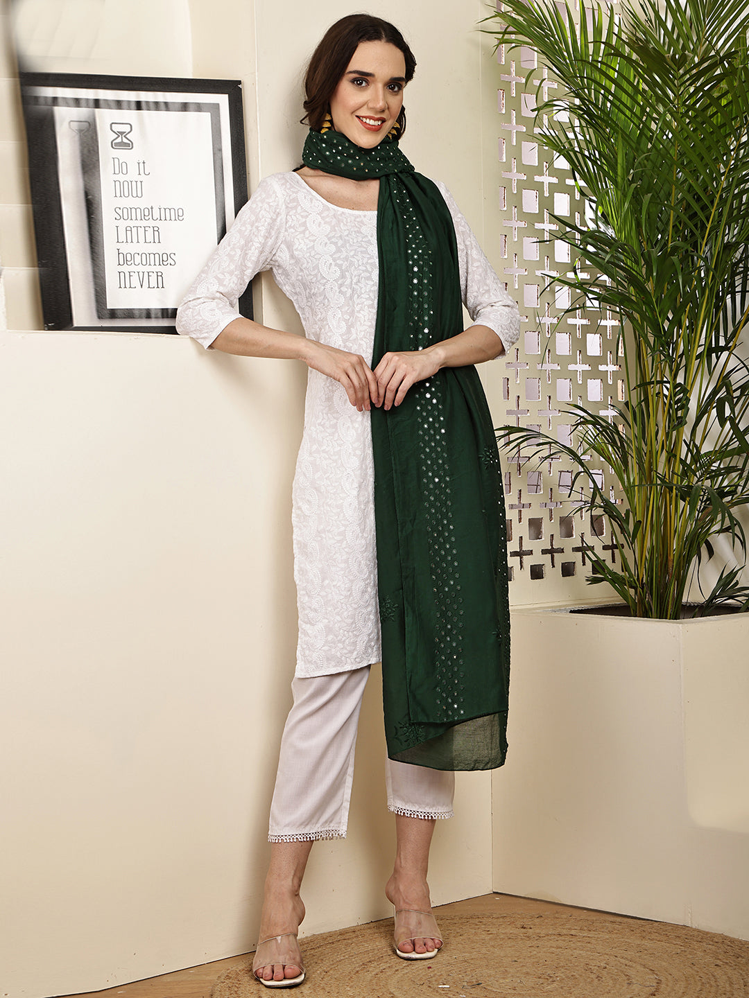 Dupatta- Cotton Silk Foil Mirror Work- Teal Green