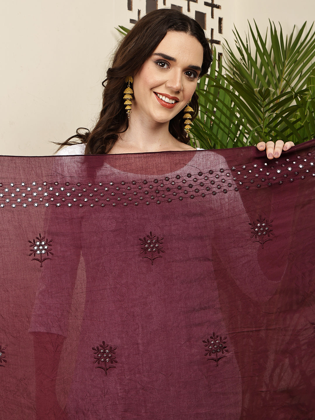 Dupatta- Cotton Silk Foil Mirror Work- Maroon