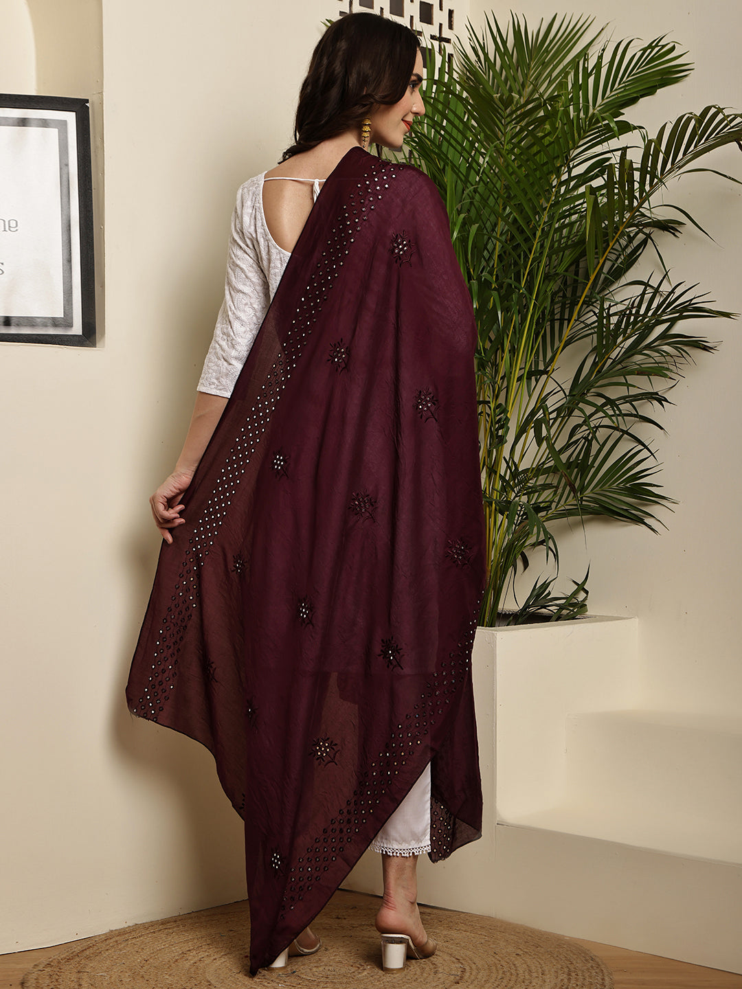 Dupatta- Cotton Silk Foil Mirror Work- Maroon