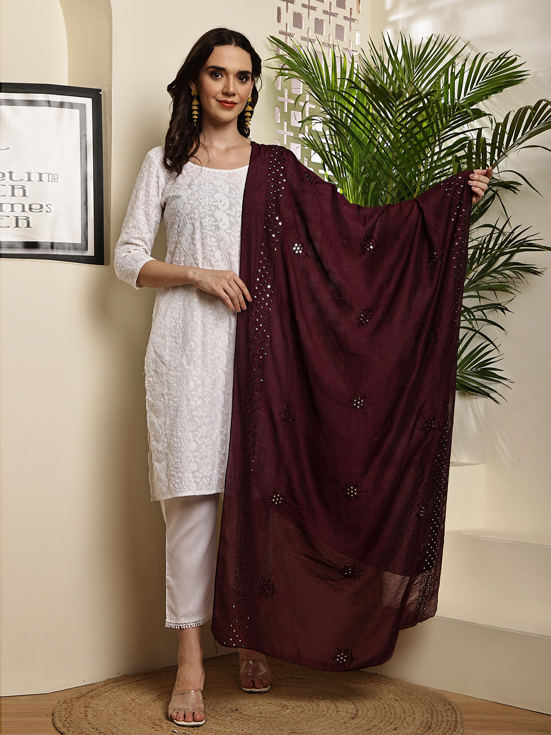 Dupatta- Cotton Silk Foil Mirror Work- Maroon