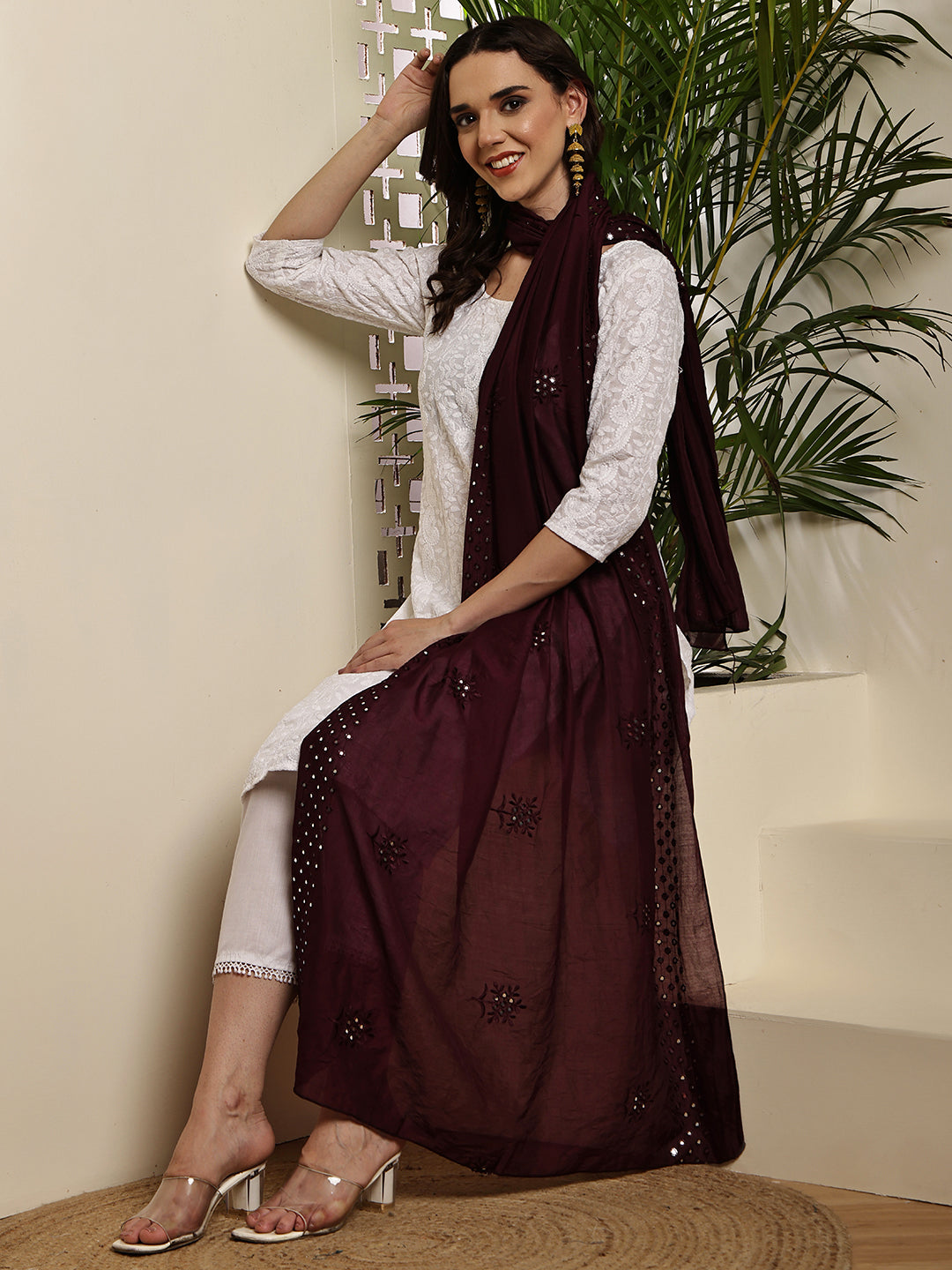 Dupatta- Cotton Silk Foil Mirror Work- Maroon