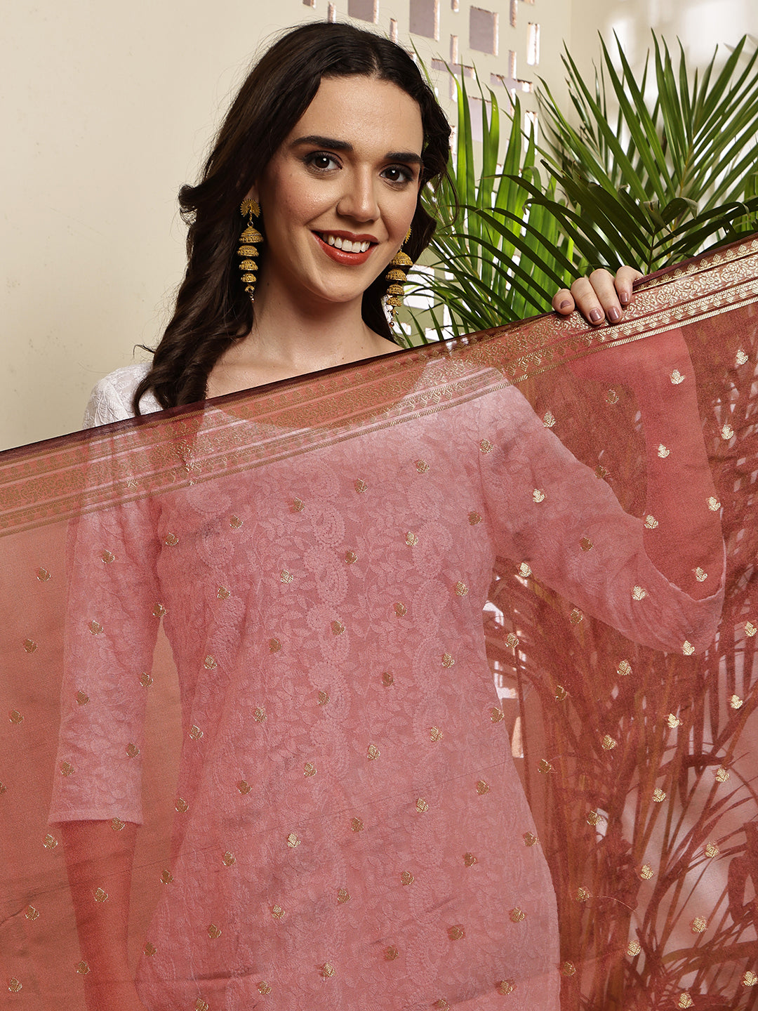 Dupatta-Banarasi Chanderi Buti- Pastel Maroon