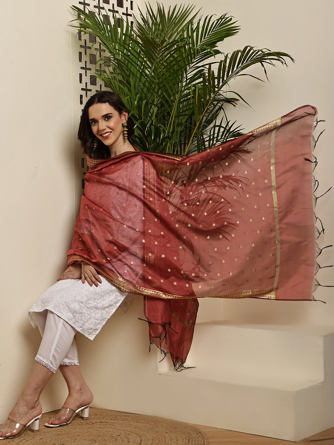 Dupatta-Banarasi Chanderi Buti- Pastel Maroon