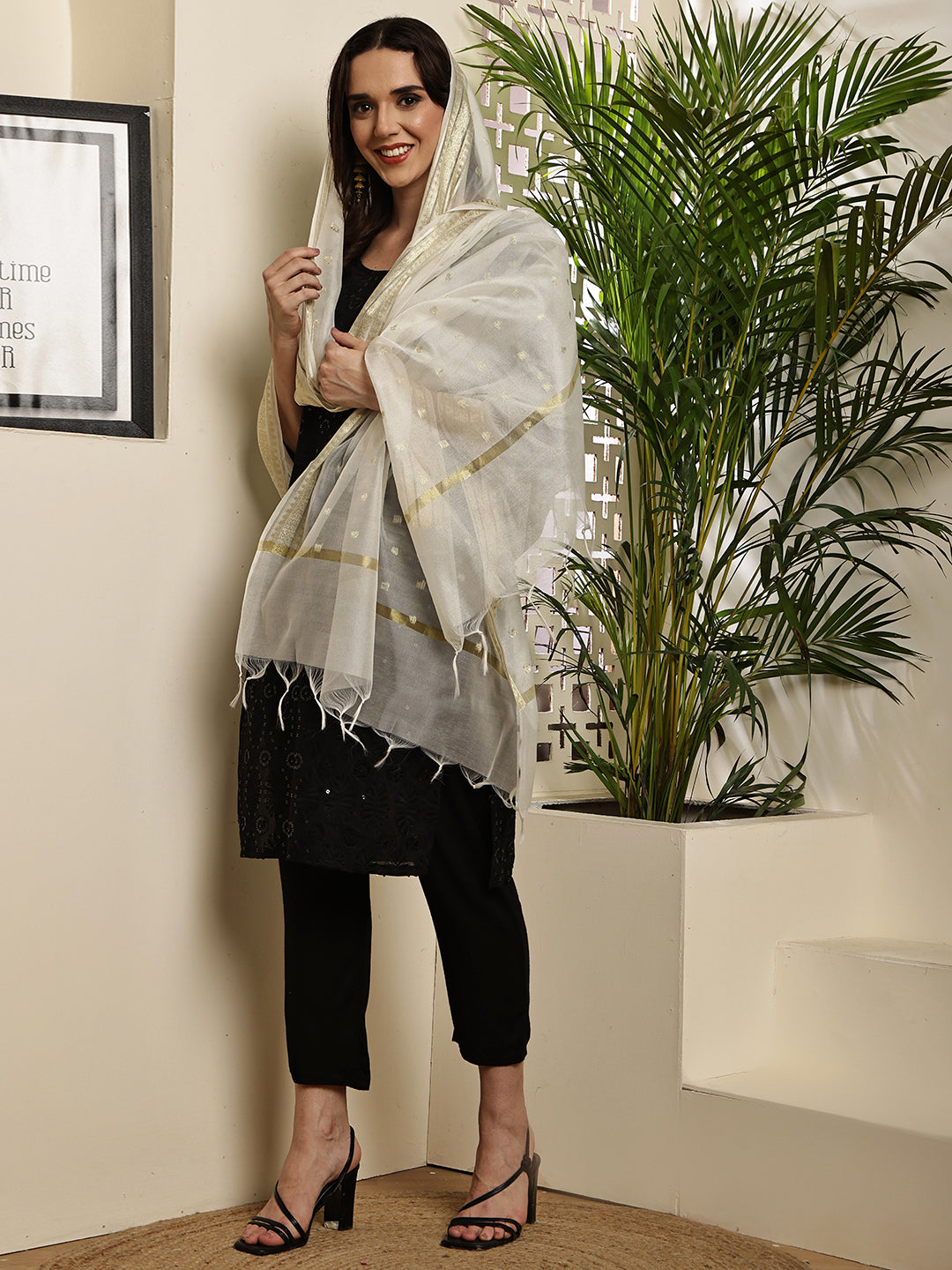 Dupatta-Banarasi Chanderi Buti- White