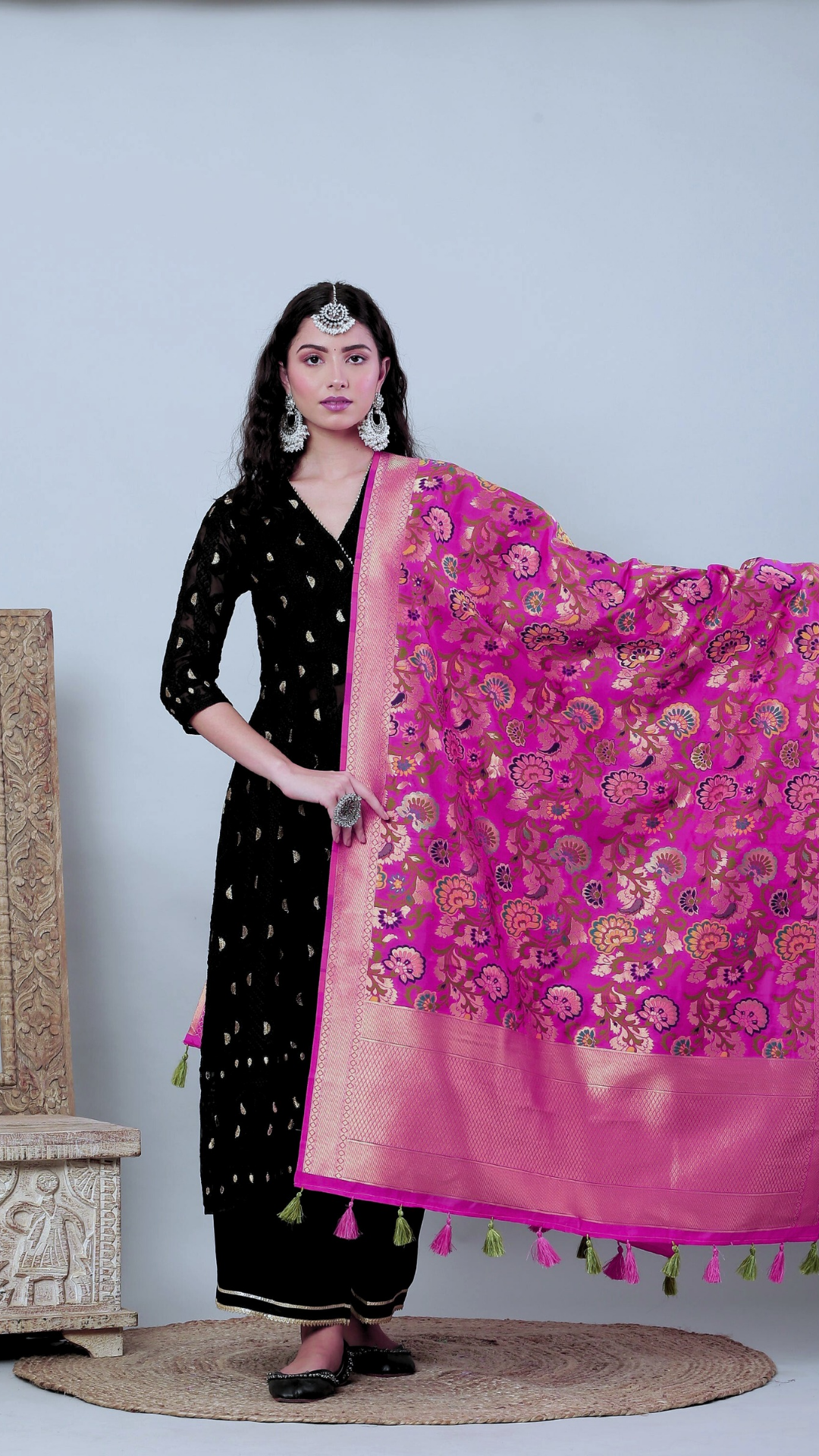 Dupatta-Banarasi Multi Mina Jaal- Hot Pink