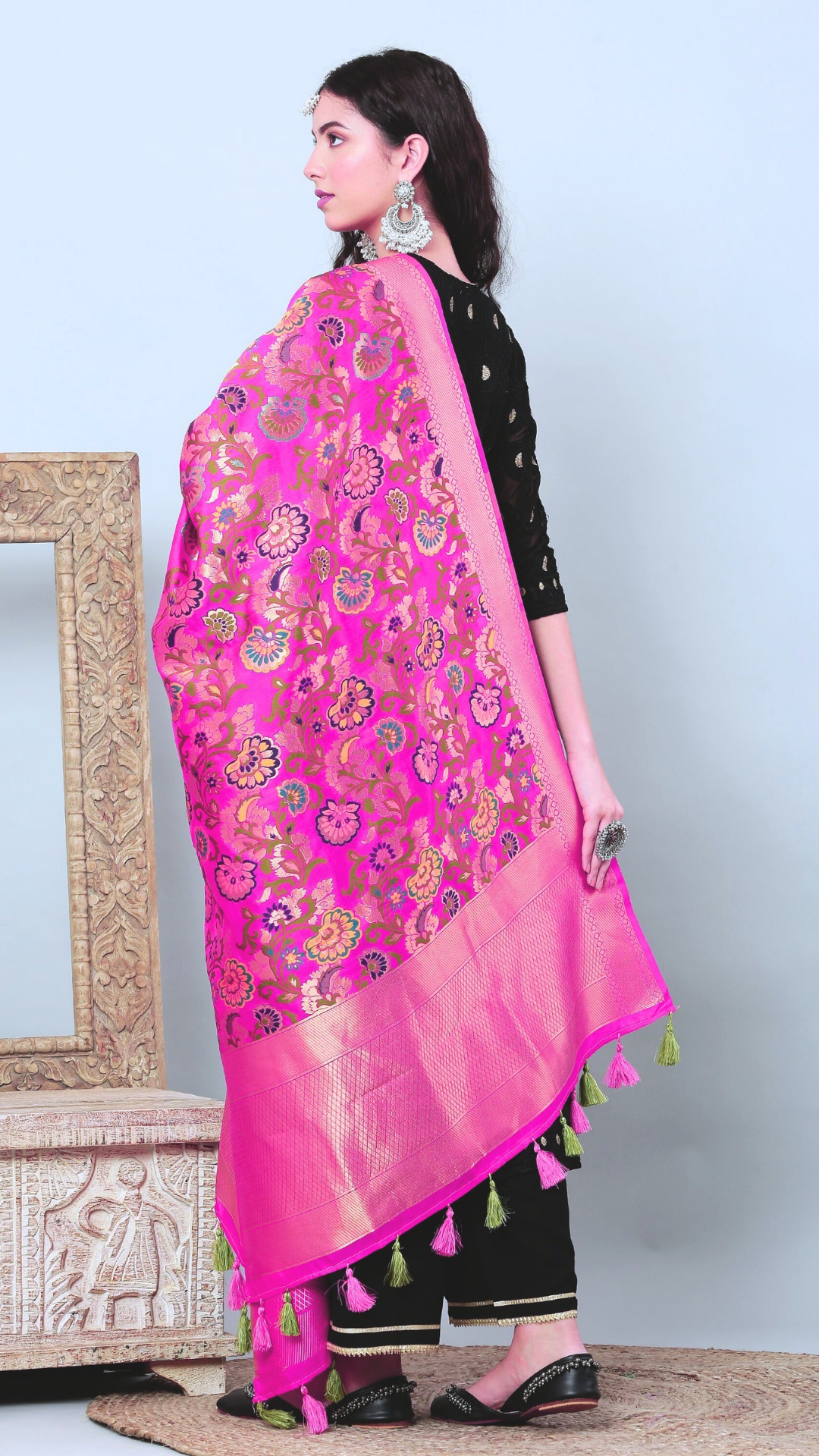 Dupatta-Banarasi Multi Mina Jaal- Hot Pink
