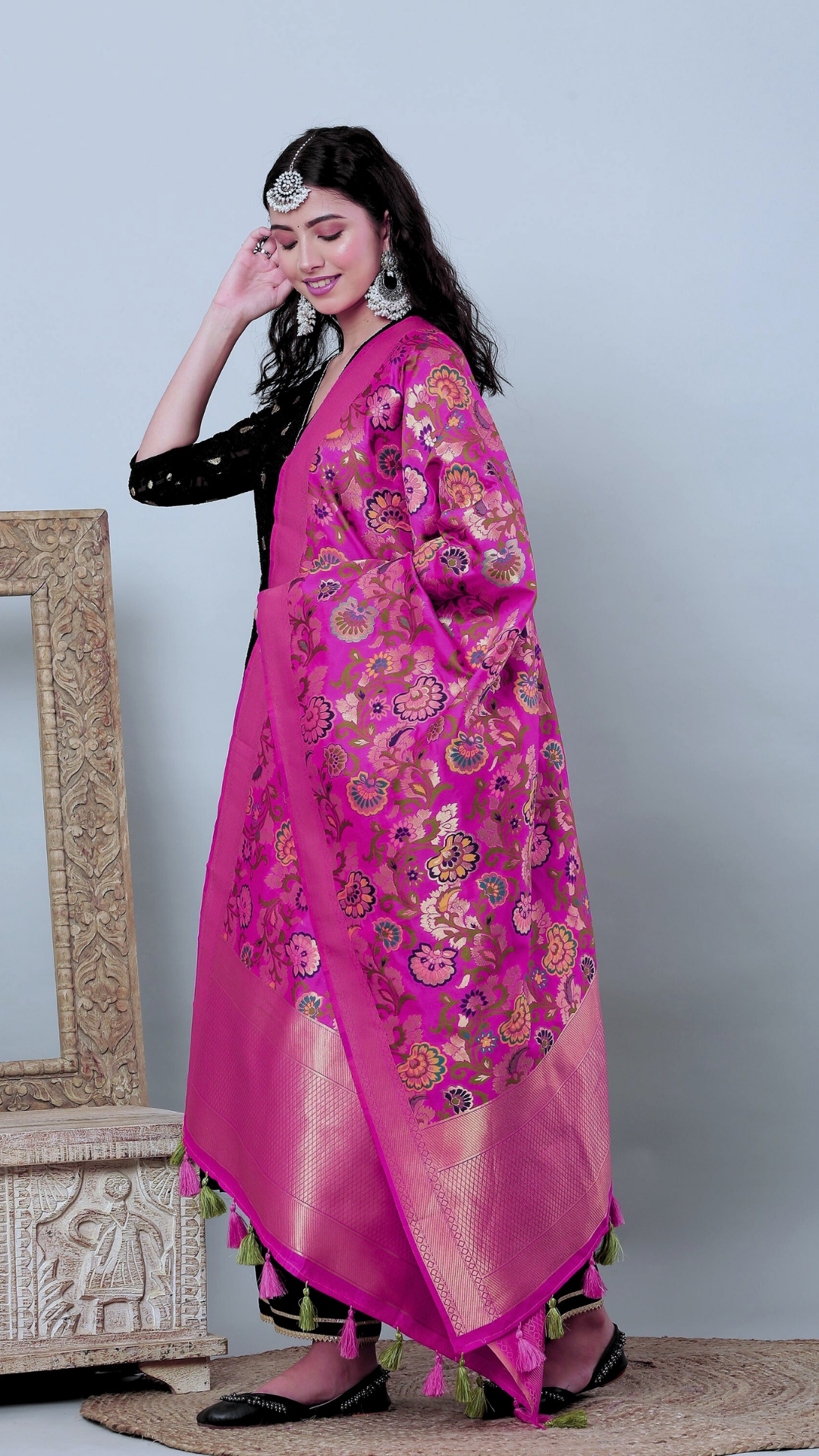 Dupatta-Banarasi Multi Mina Jaal- Hot Pink