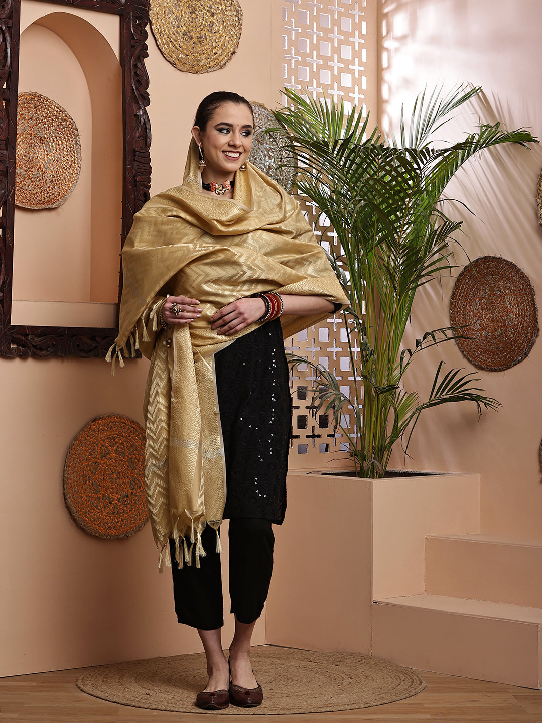 Dupatta-Banarasi Chanderi - Golden