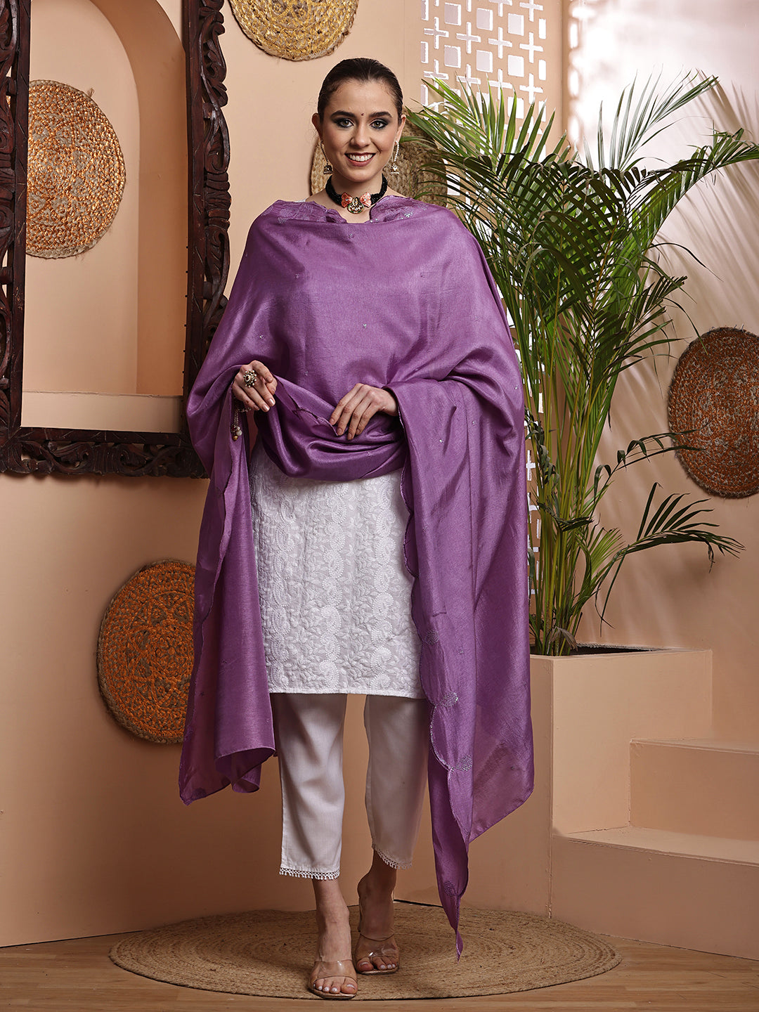 Purple Sequins Embroidered Bordered Dupatta