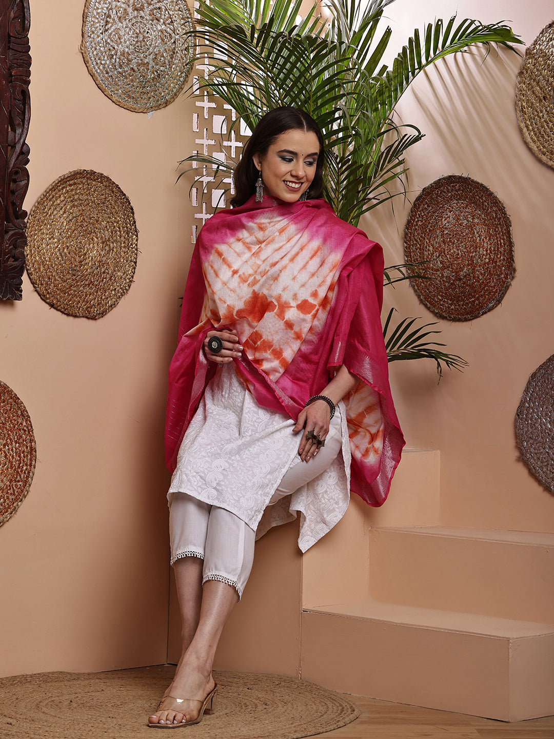 Dupatta- Shibori - Pink n Orange