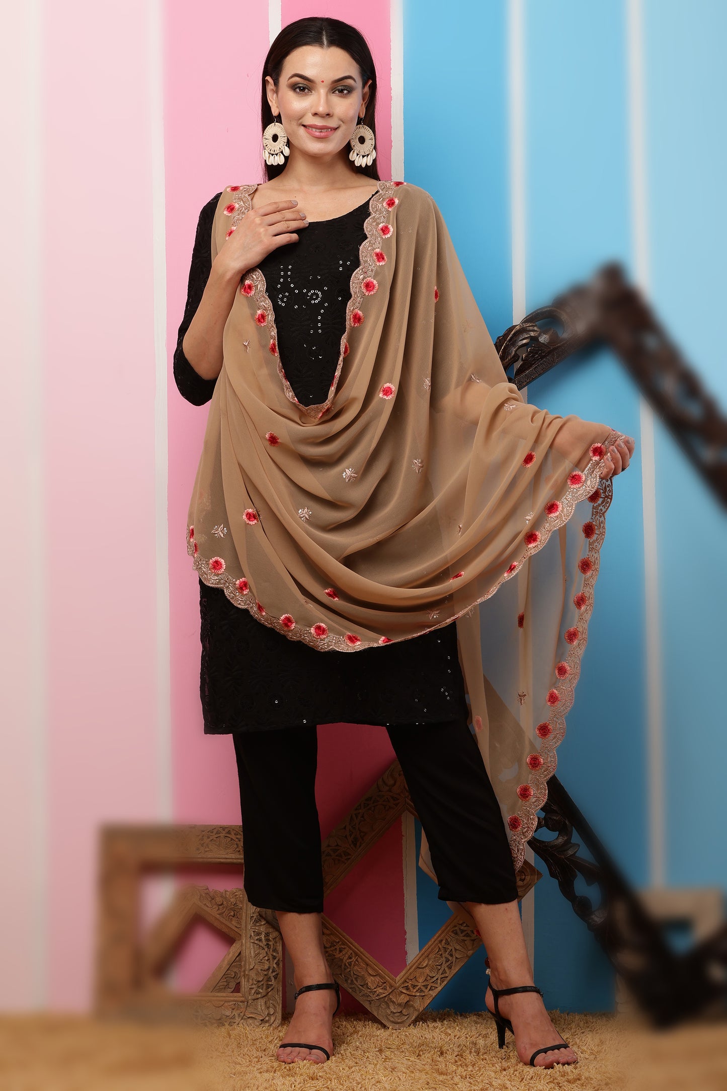 Georgette Dupatta- Chikoo Multi