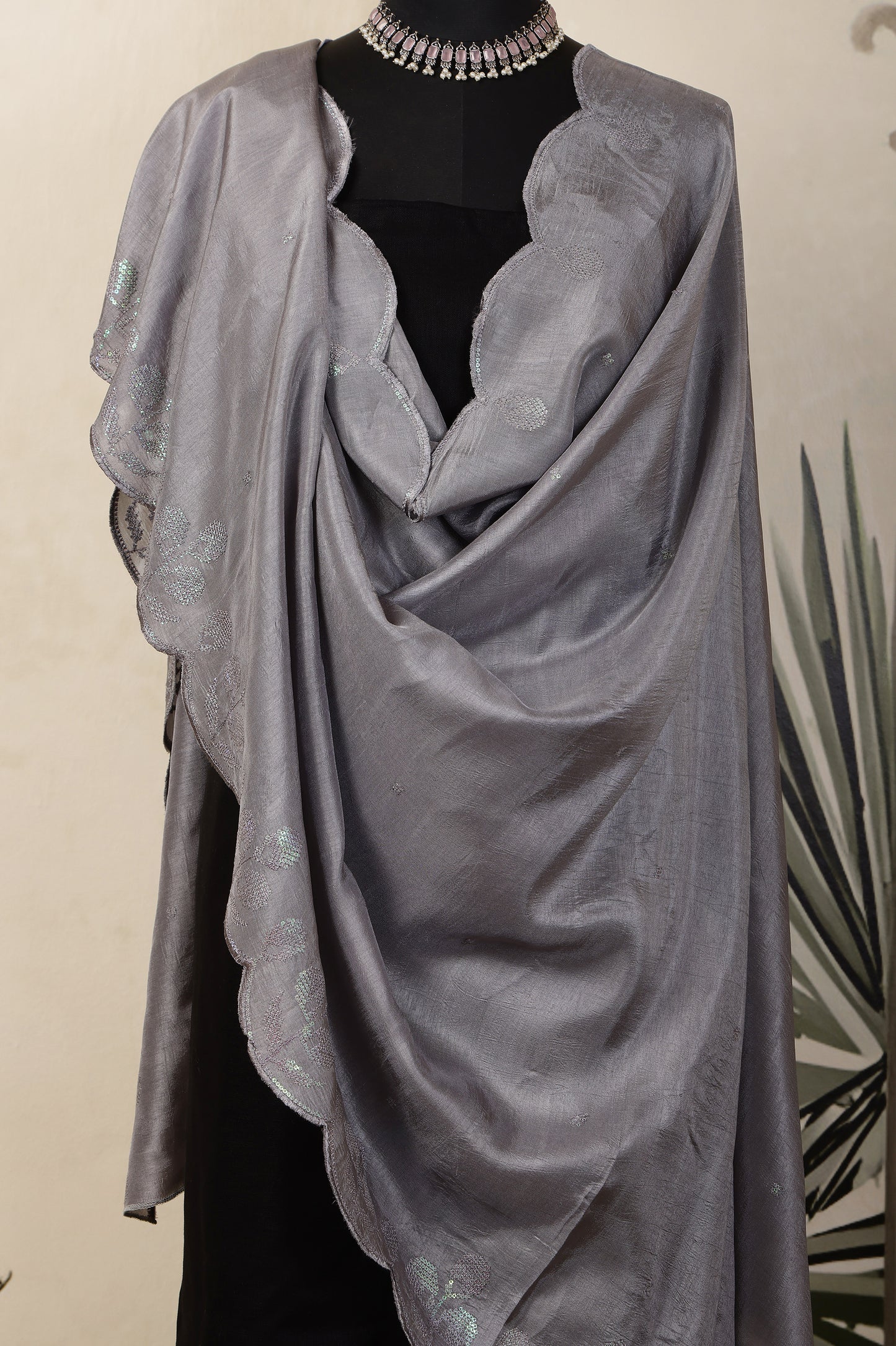 Black Linen Unstitched Suit Set with Grey Sequins Embroidered Dupatta