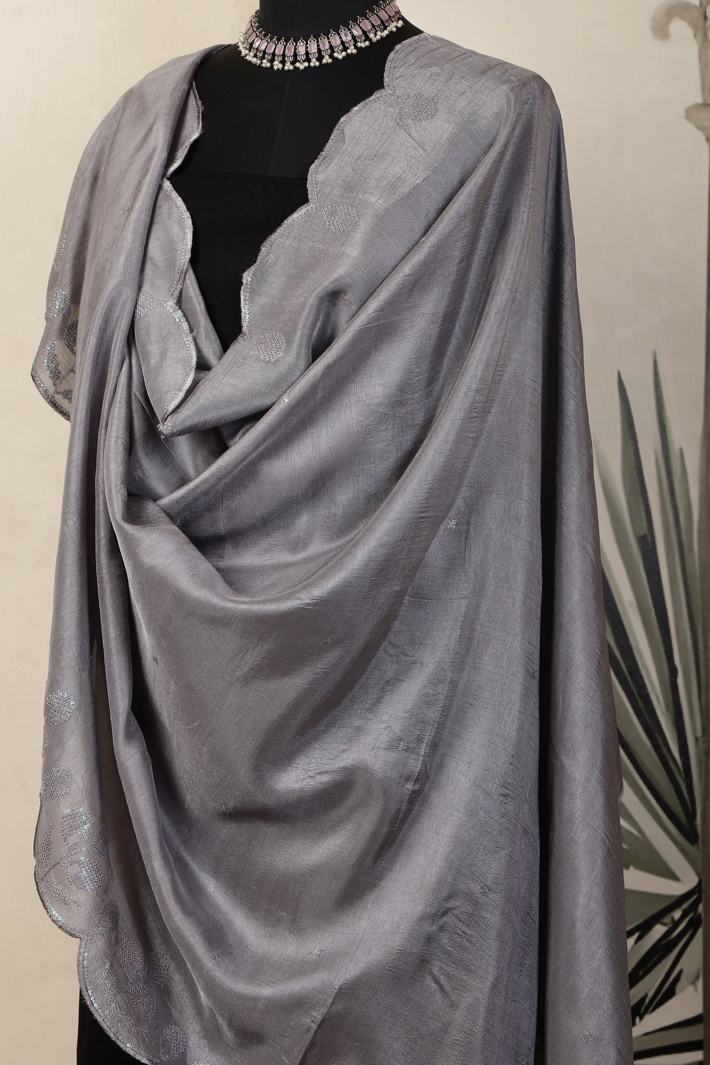 Black Linen Unstitched Suit Set with Grey Sequins Embroidered Dupatta