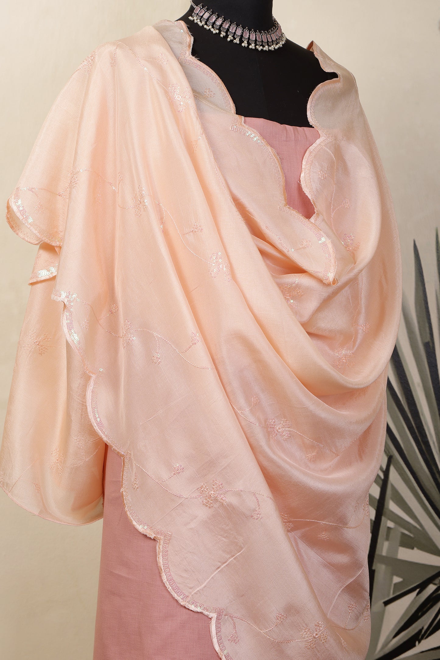 Pink Linen Unstitched Suit Set with Peach Sequins Embroidered Dupatta