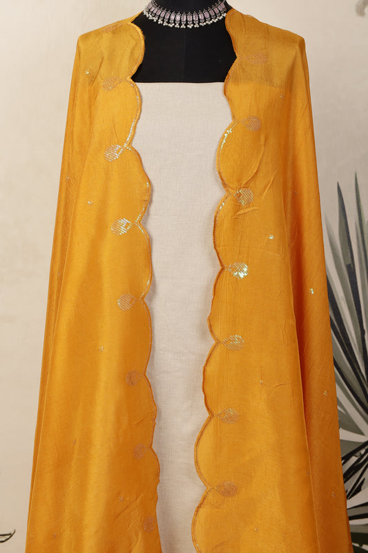 Beige Linen Unstitched Suit Set with Mustard Yellow Sequins Embroidered Dupatta
