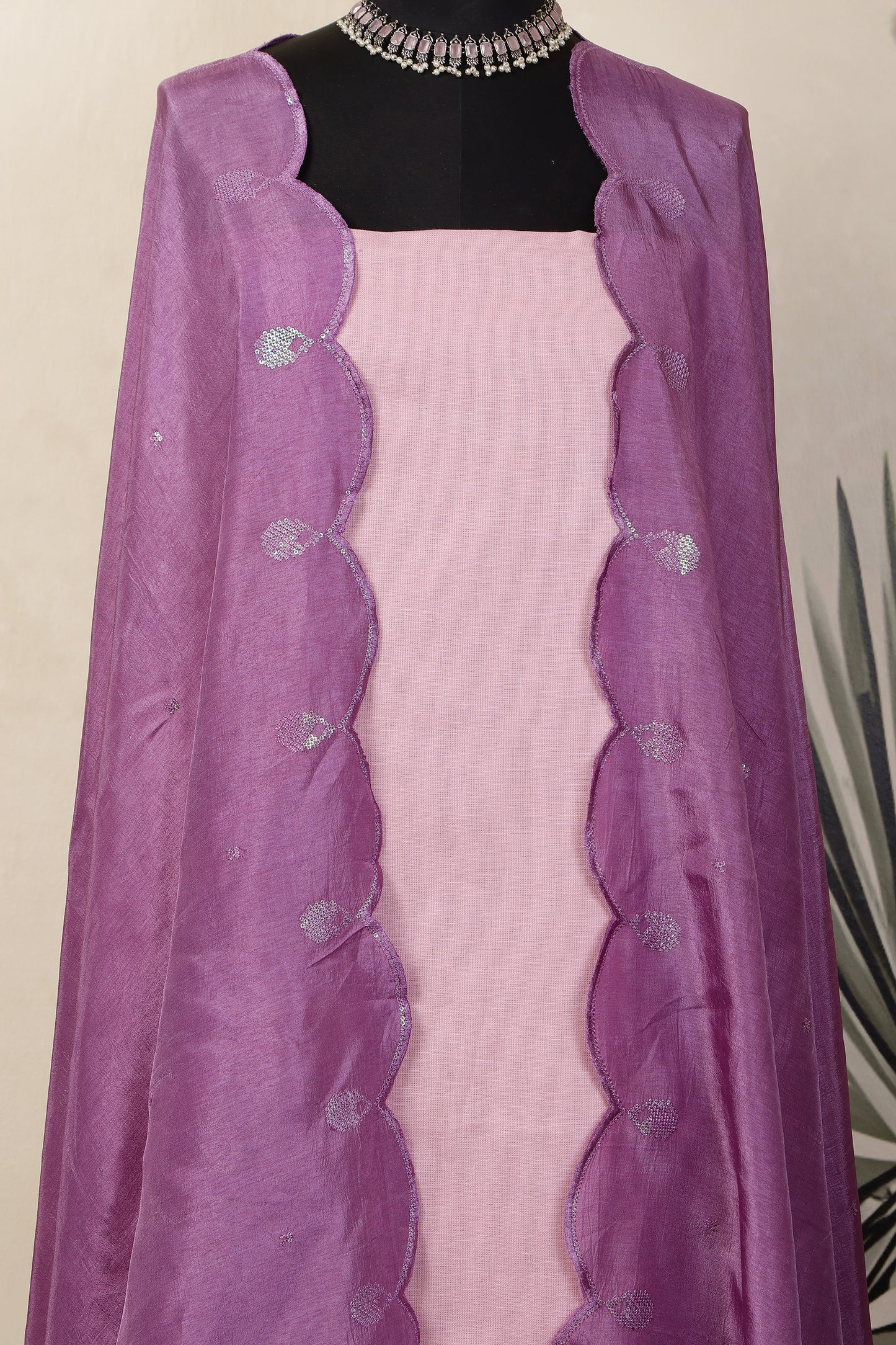 Pink Linen Unstitched Suit Set with Purple Sequins Embroidered Dupatta
