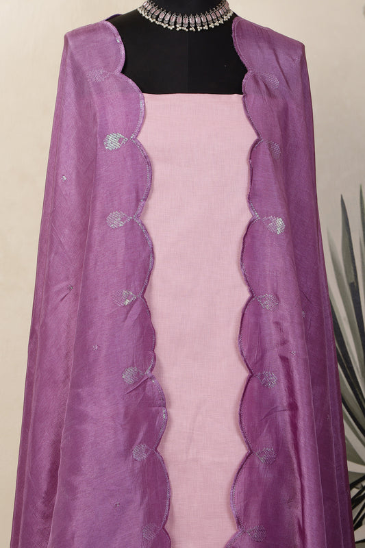 Pink Linen Unstitched Suit Set with Purple Sequins Embroidered Dupatta