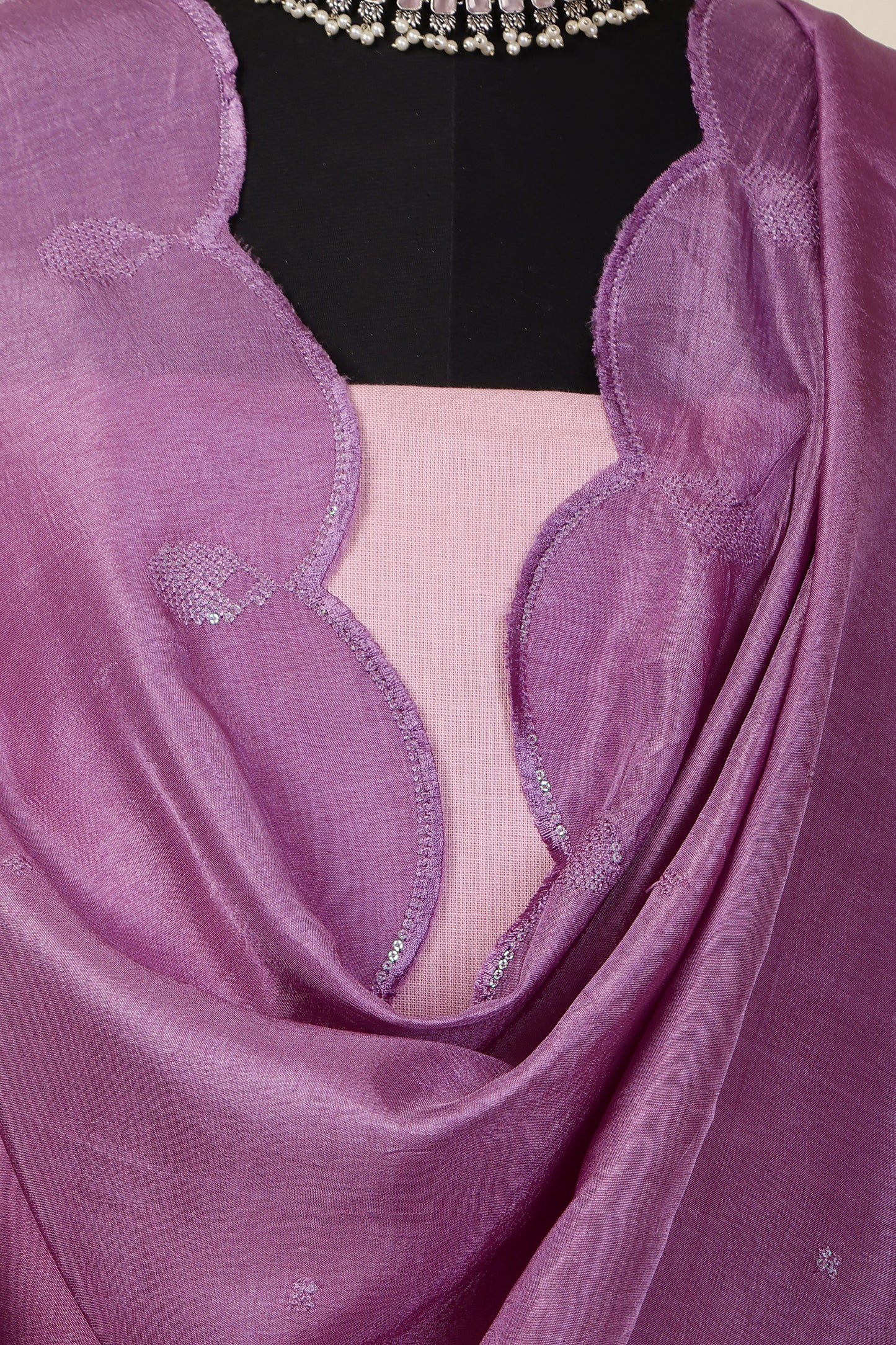 Pink Linen Unstitched Suit Set with Purple Sequins Embroidered Dupatta