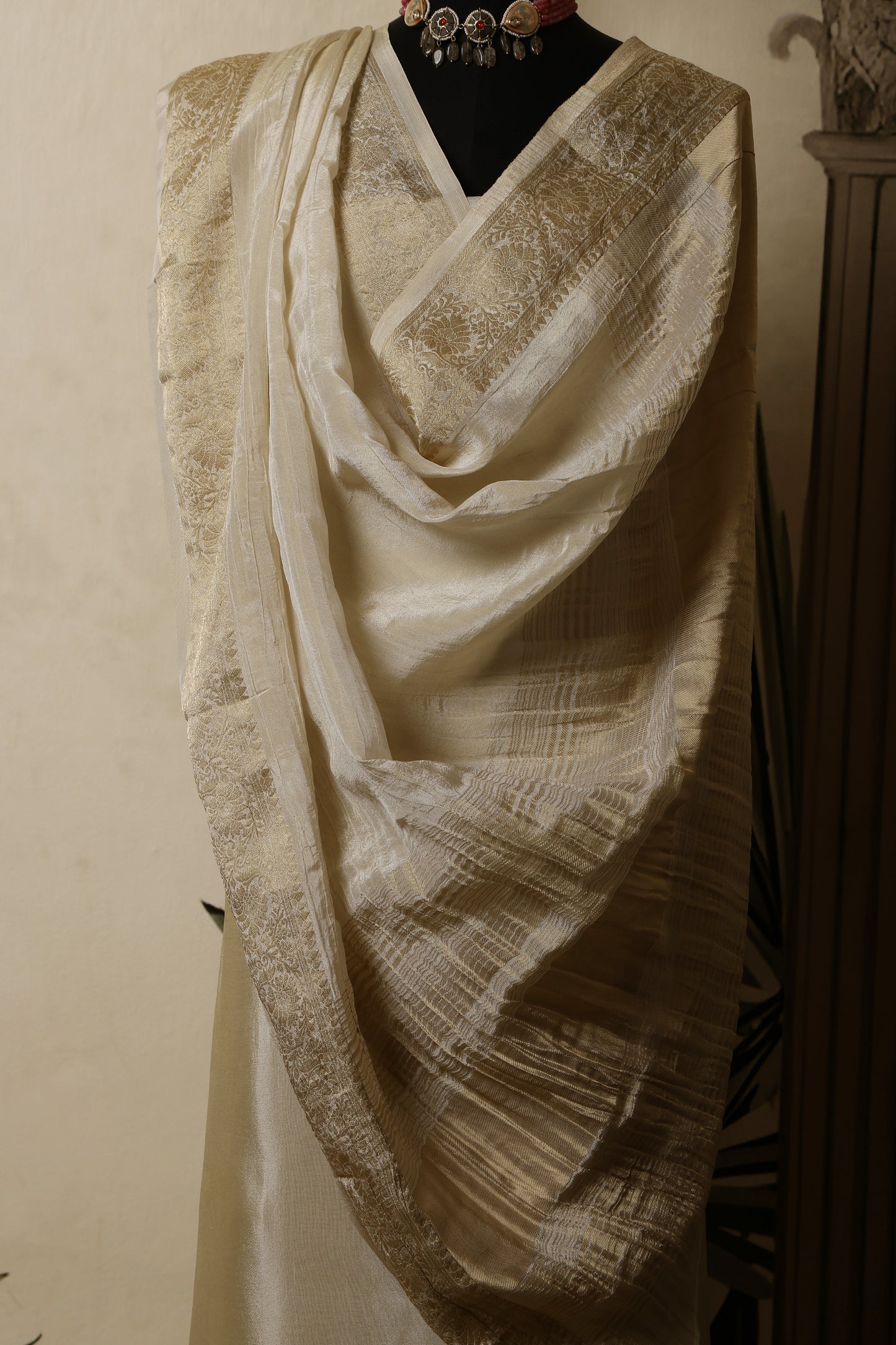 Gold Tissue Unstitched Suit Set with Crushed Banarasi Dupatta