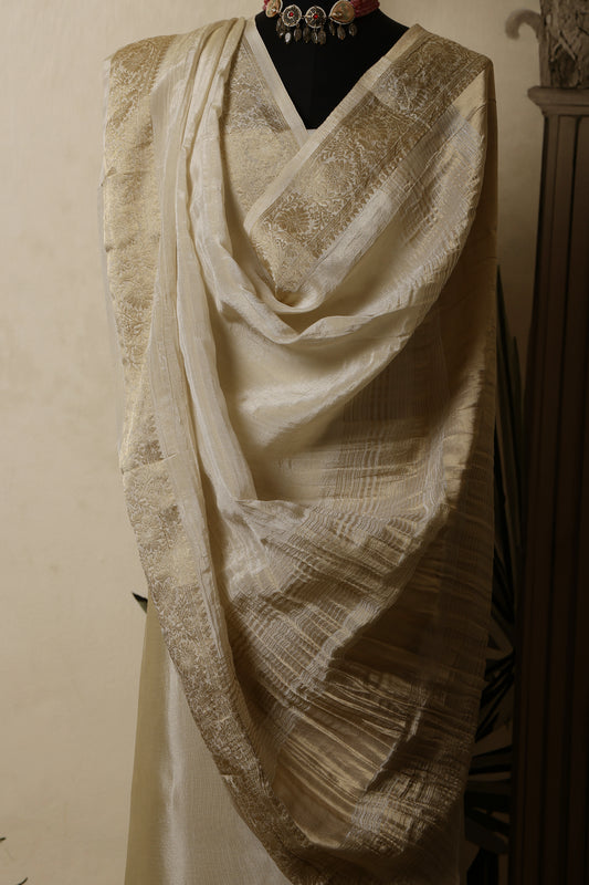 Gold Tissue Unstitched Suit Set with Crushed Banarasi Dupatta