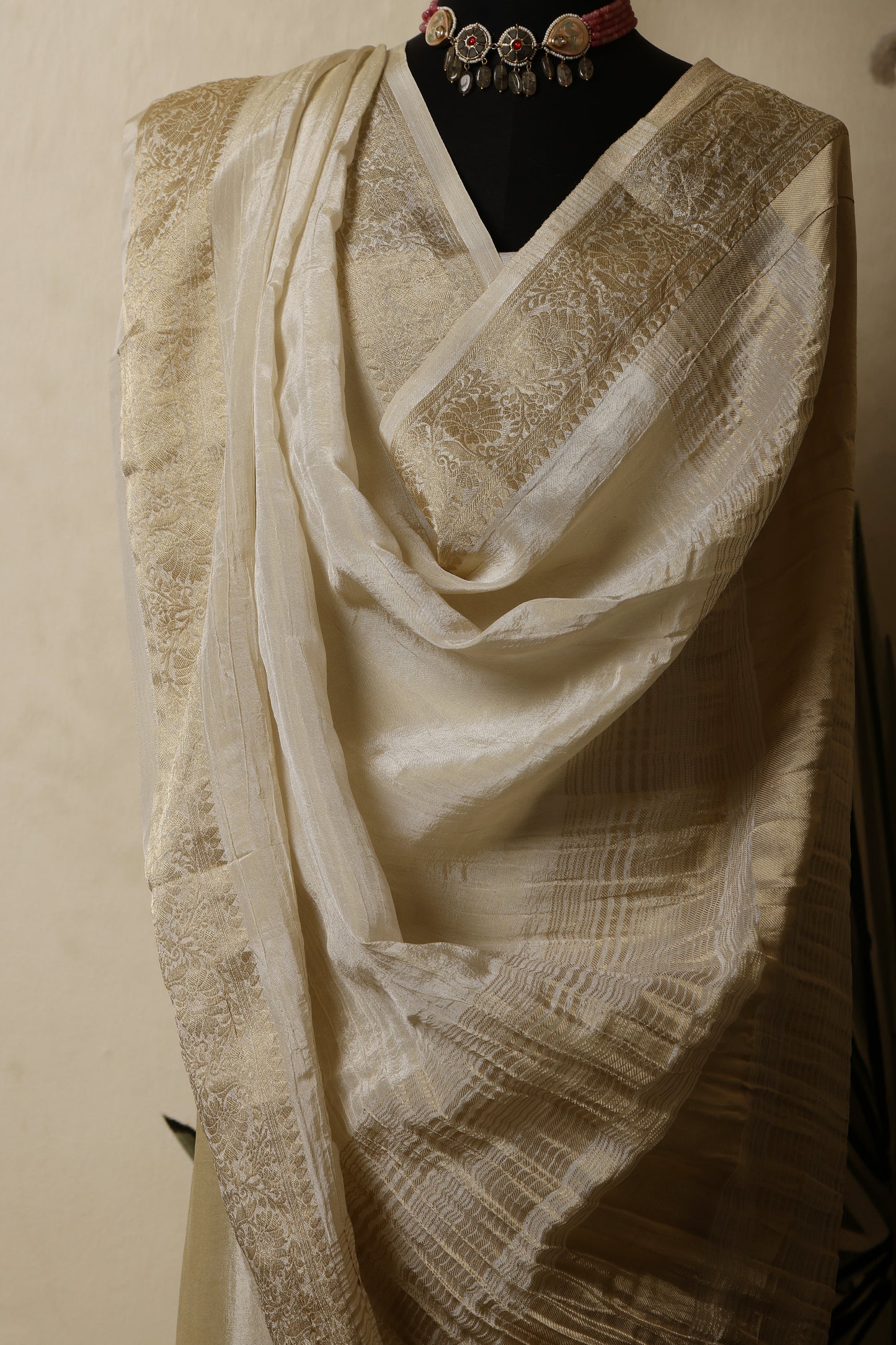 Gold Tissue Unstitched Suit Set with Crushed Banarasi Dupatta