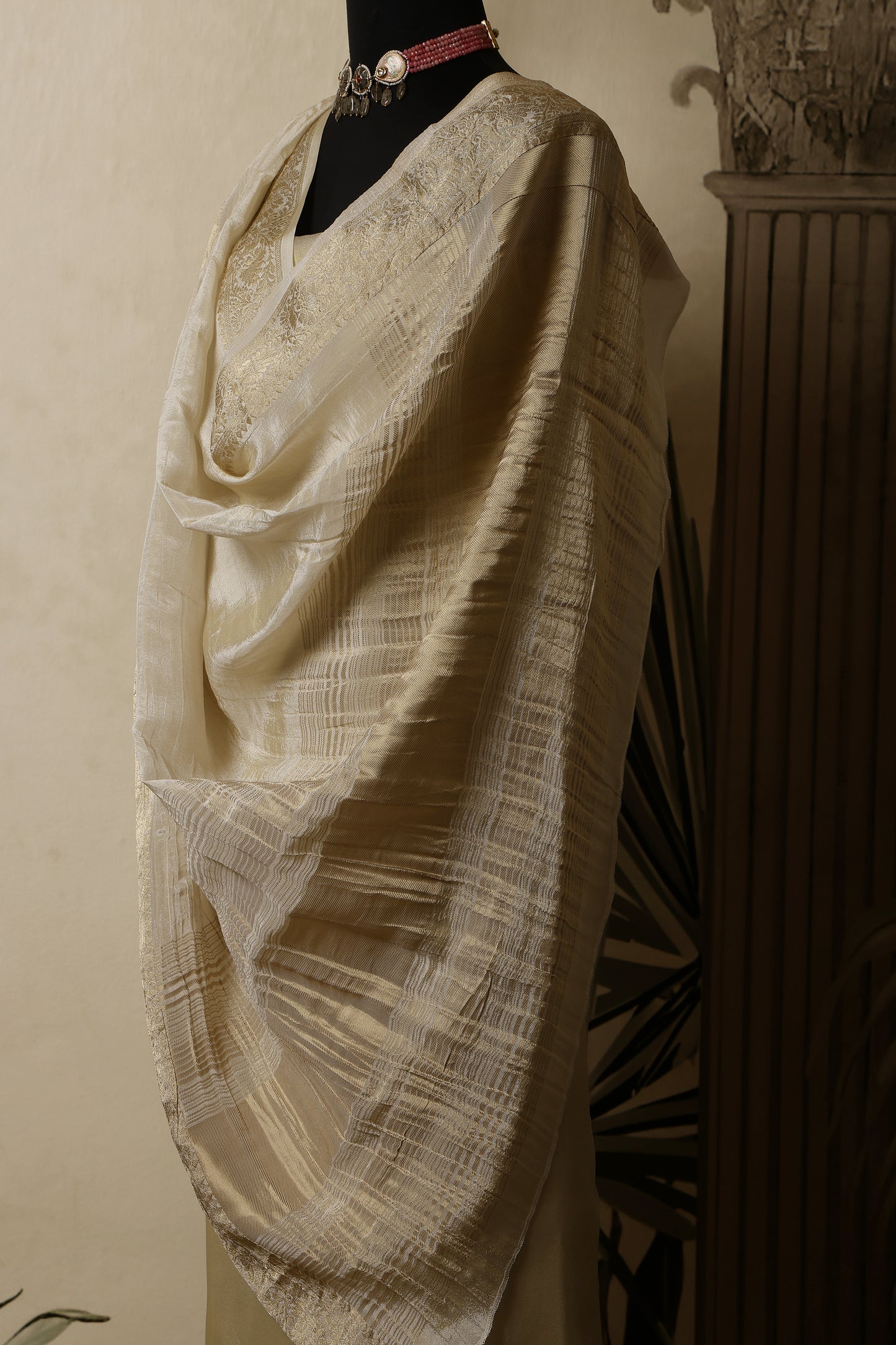 Gold Tissue Unstitched Suit Set with Crushed Banarasi Dupatta
