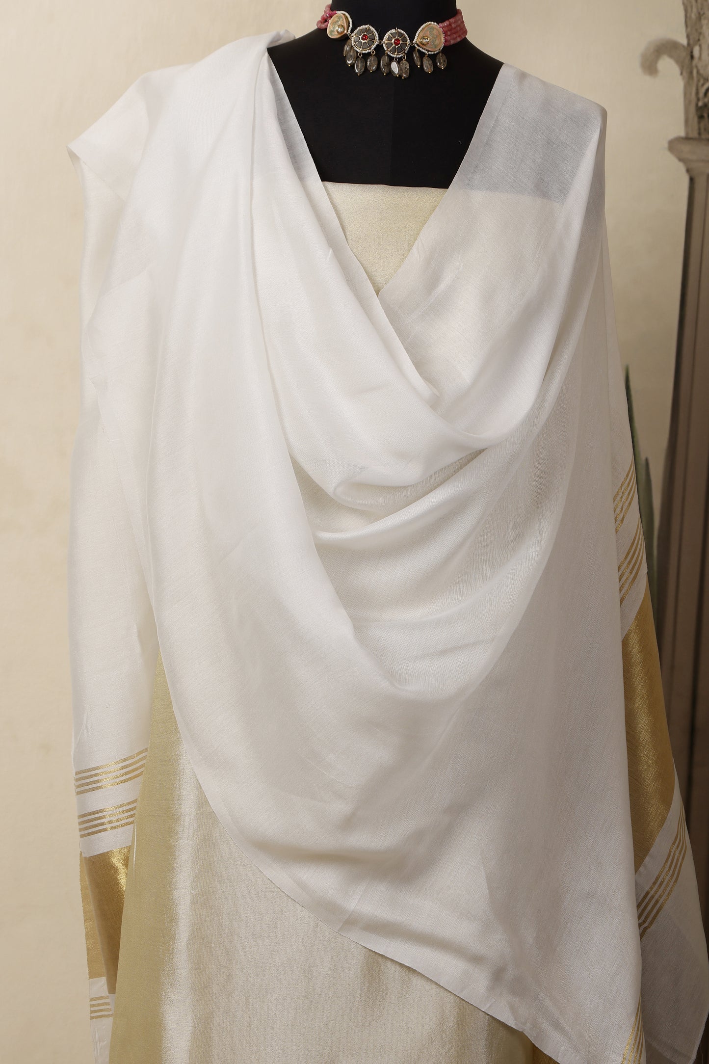 Gold Tissue Unstitched Suit Set with White Gold Pallu Dupatta
