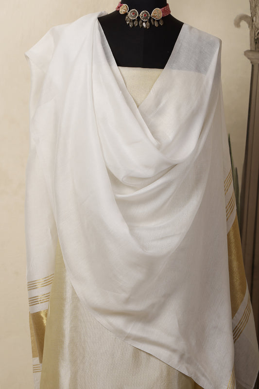 Gold Tissue Unstitched Suit Set with White Gold Pallu Dupatta