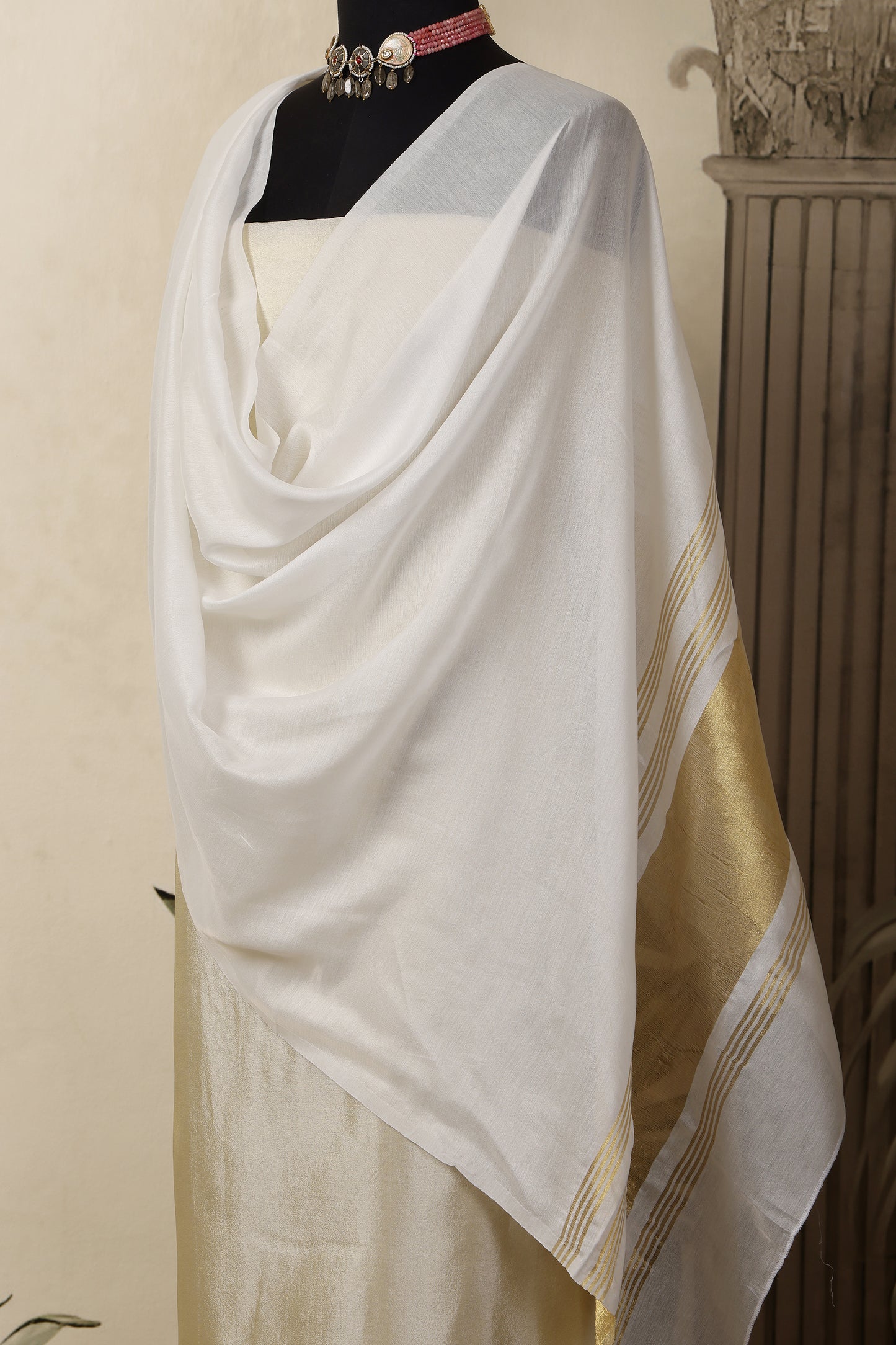 Gold Tissue Unstitched Suit Set with White Gold Pallu Dupatta