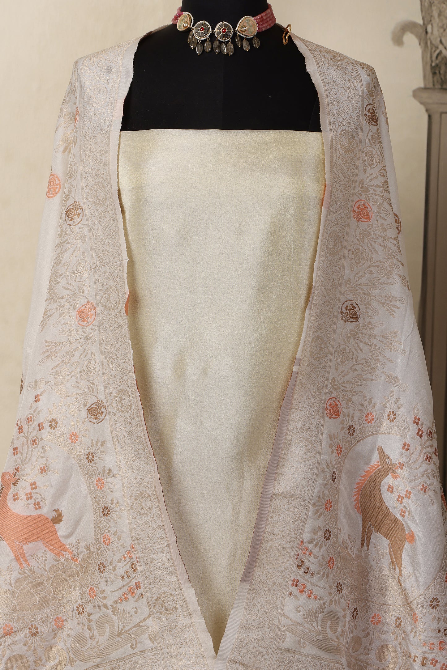 Gold Tissue Unstitched Suit Set with Mina Deer Dupatta