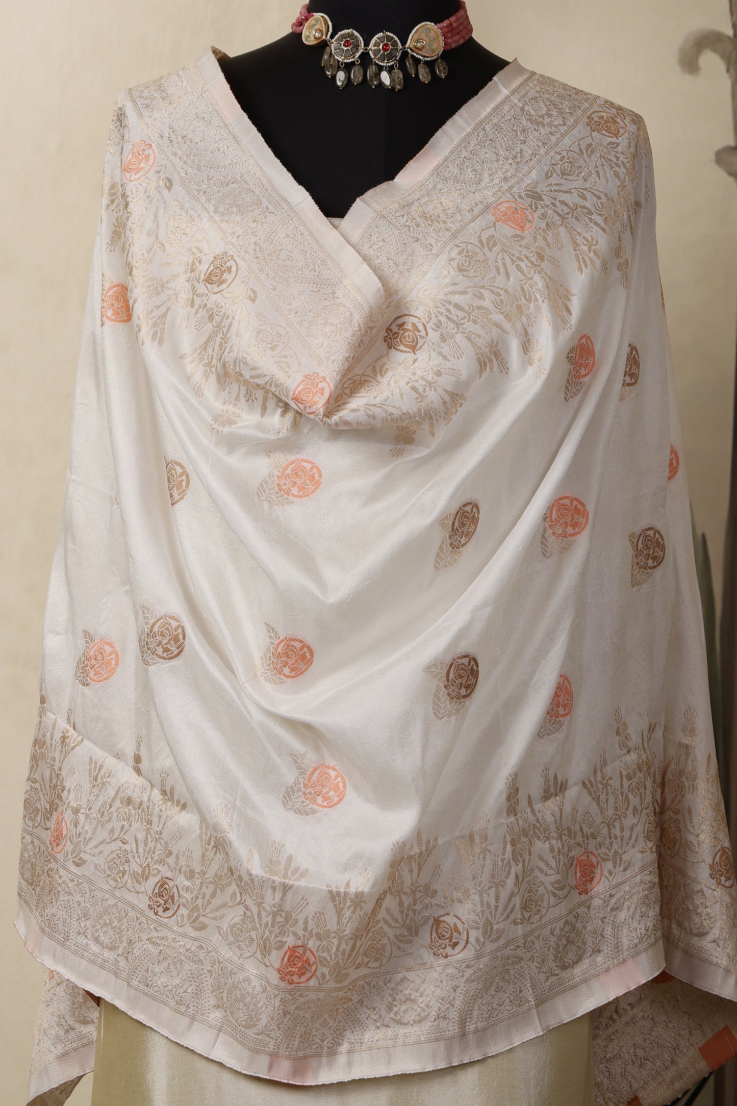 Gold Tissue Unstitched Suit Set with Mina Deer Dupatta
