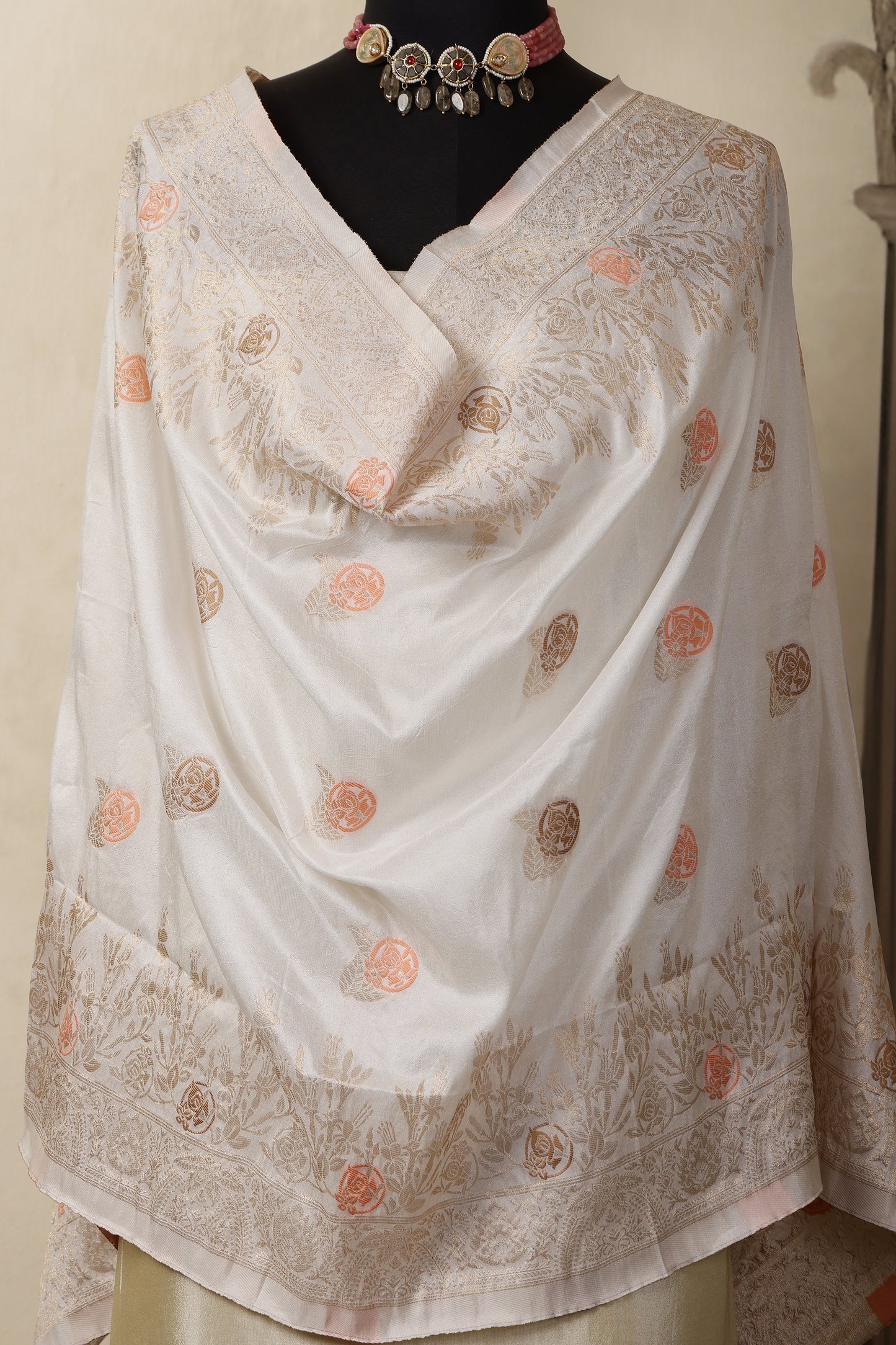 Gold Tissue Unstitched Suit Set with Mina Deer Dupatta