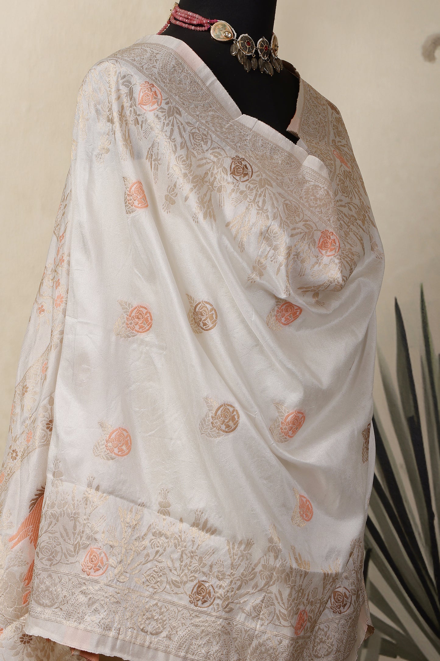 Gold Tissue Unstitched Suit Set with Mina Deer Dupatta