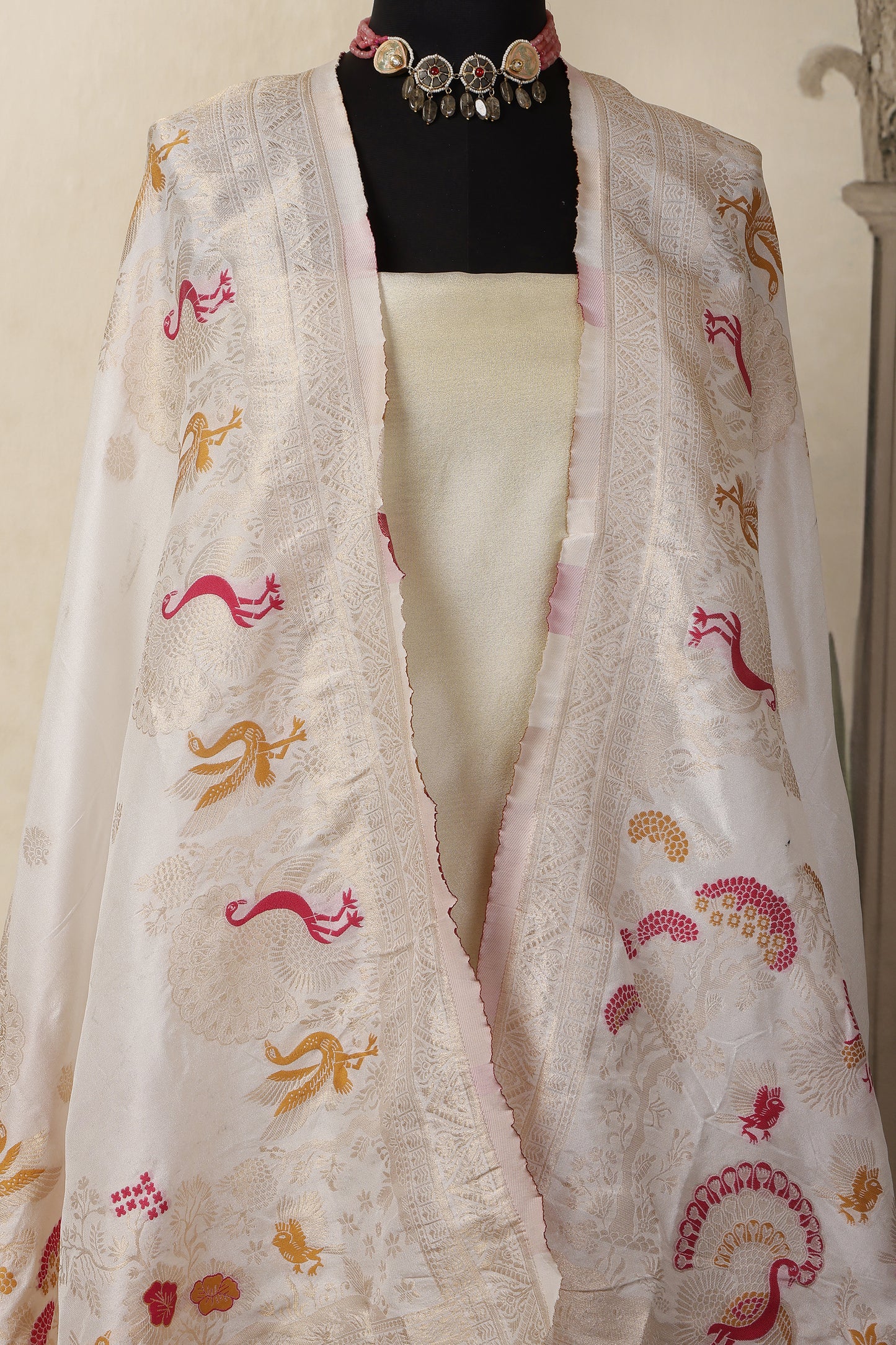 Gold Tissue Unstitched Suit Set with Mina Peacock Dupatta