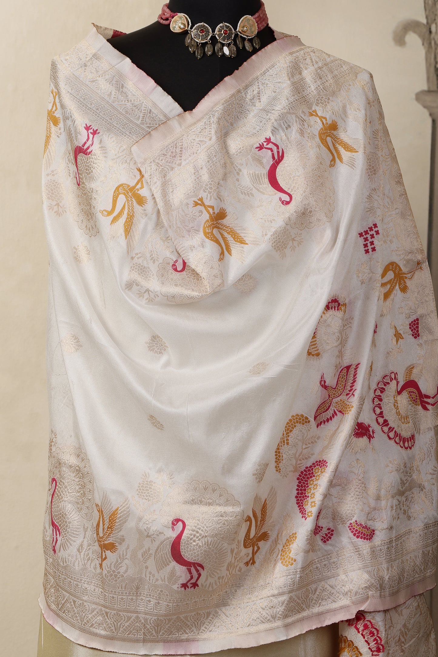 Gold Tissue Unstitched Suit Set with Mina Peacock Dupatta