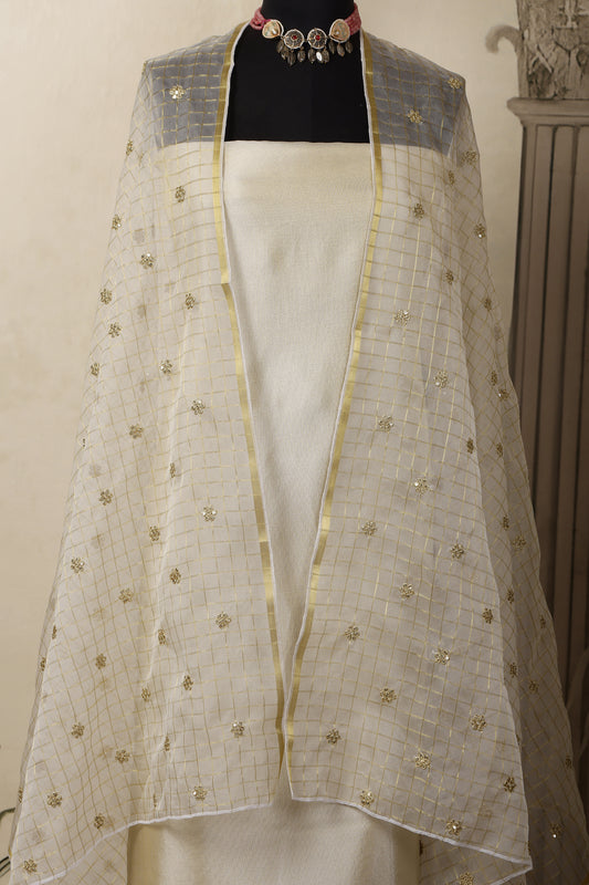 Gold Tissue Unstitched Suit Set with Embroidered Organza Dupatta
