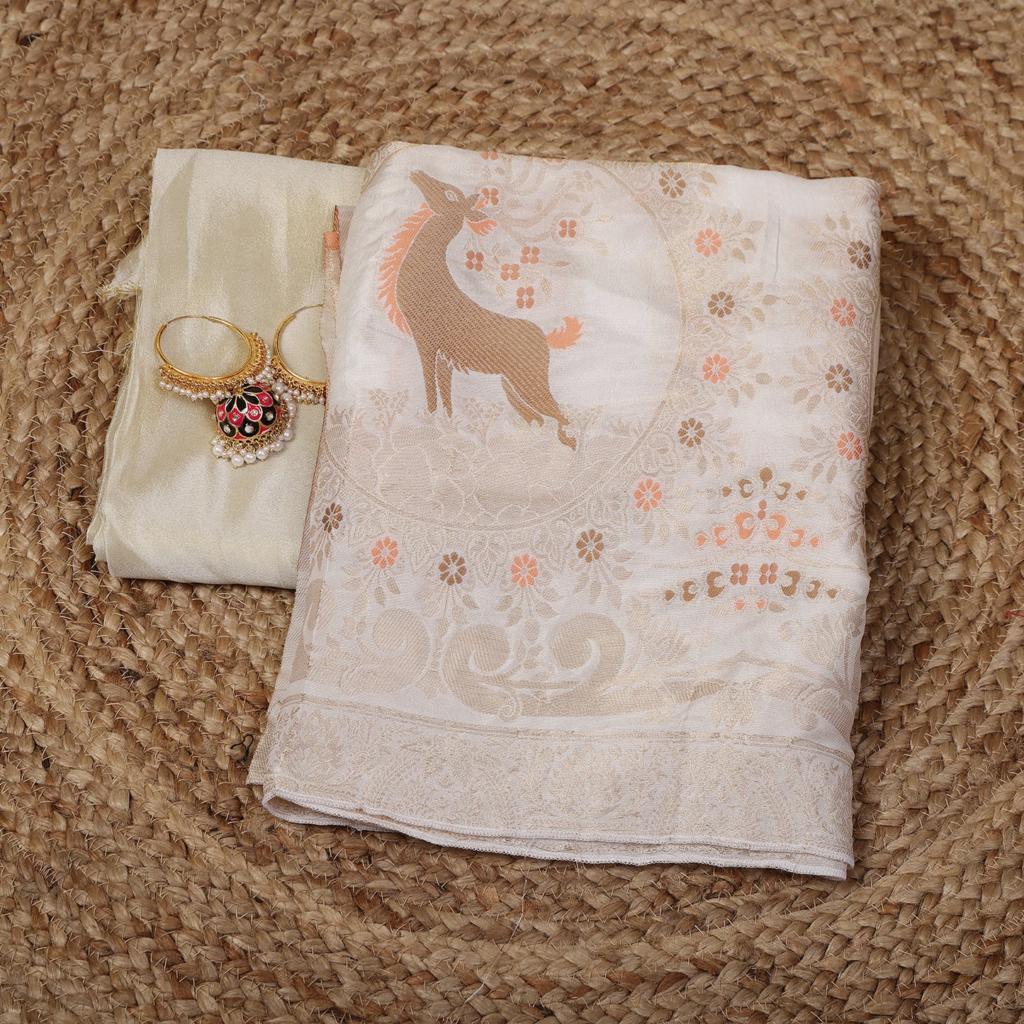 Gold Tissue Unstitched Suit Set with Mina Deer Dupatta