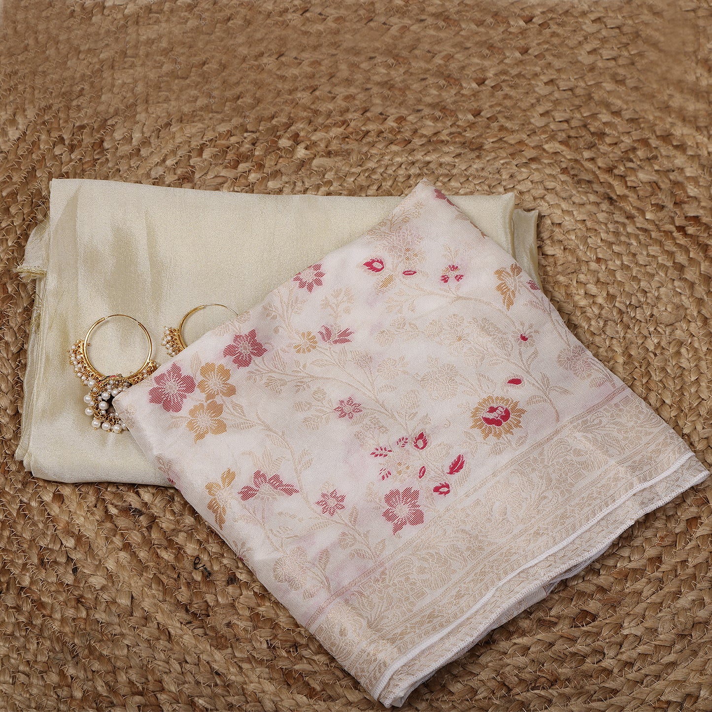 Gold Tissue Unstitched Suit Set with Mina Bloom Dupatta