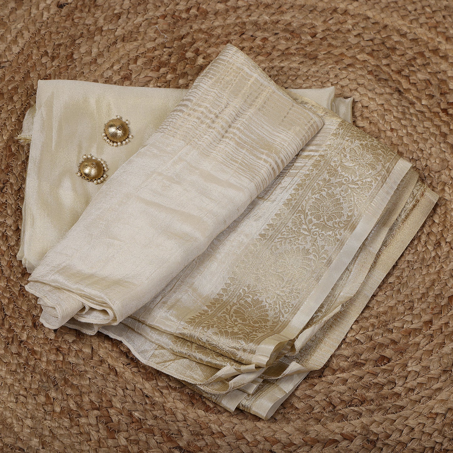 Gold Tissue Unstitched Suit Set with Crushed Banarasi Dupatta