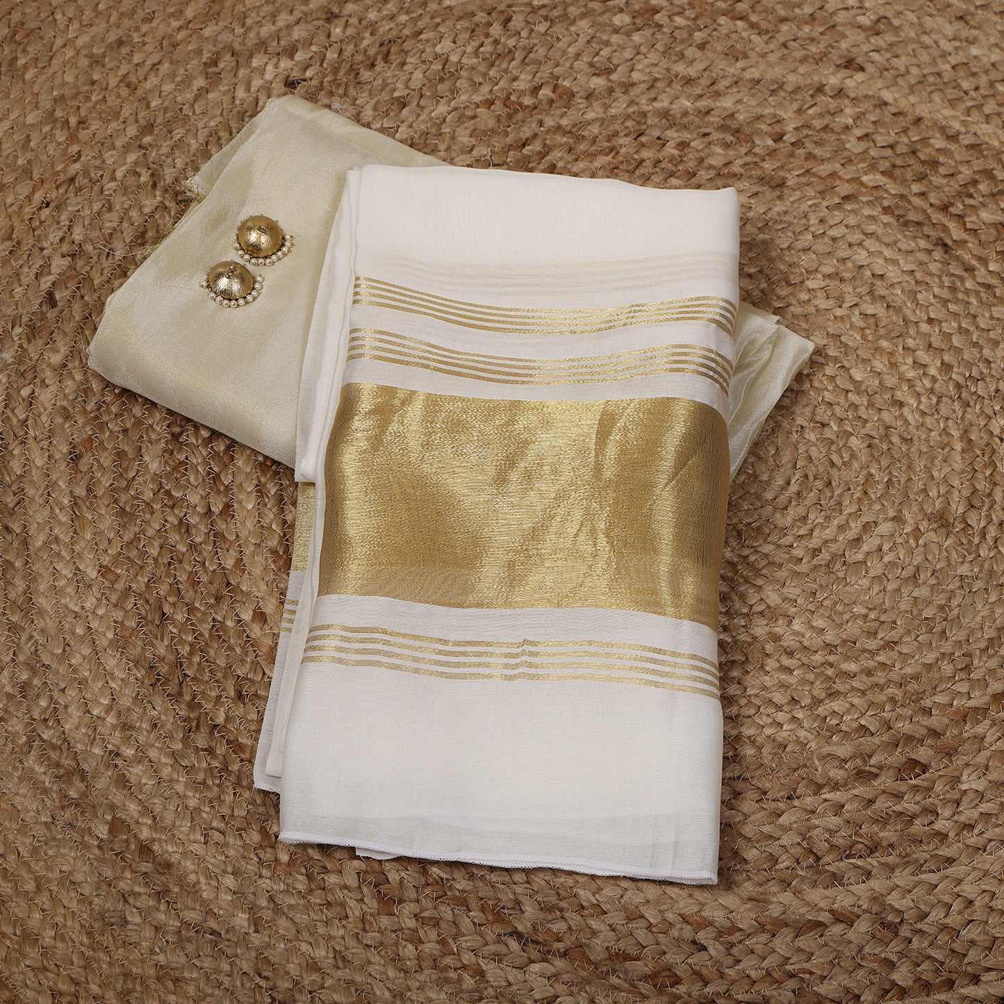 Gold Tissue Unstitched Suit Set with White Gold Pallu Dupatta