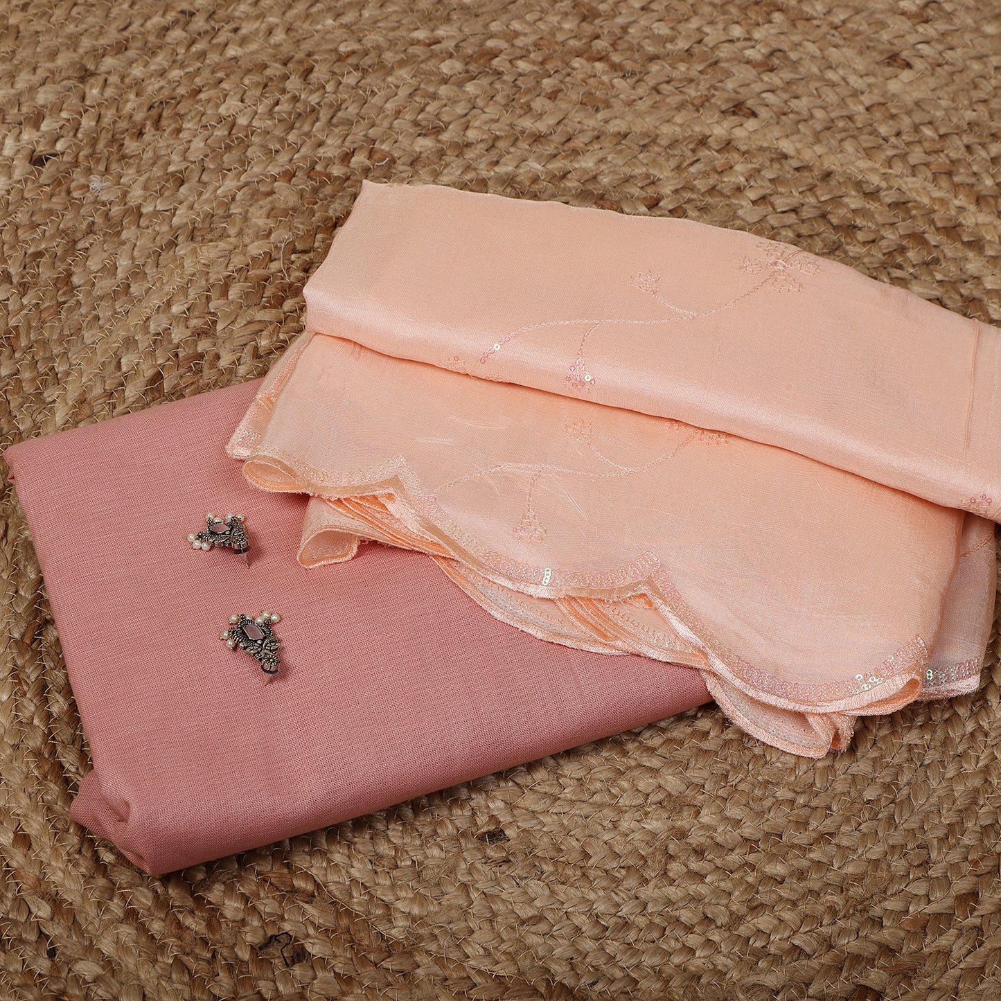 Pink Linen Unstitched Suit Set with Peach Sequins Embroidered Dupatta