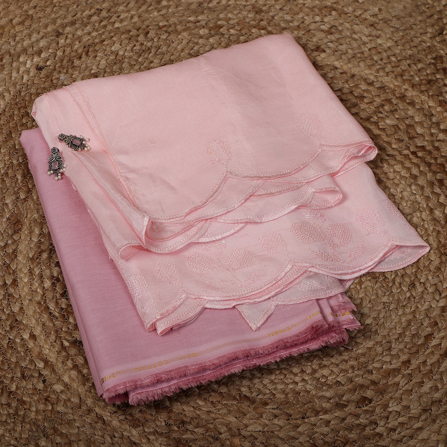 Pink Linen Unstitched Suit Set with Baby Pink Sequins Embroidered Dupatta