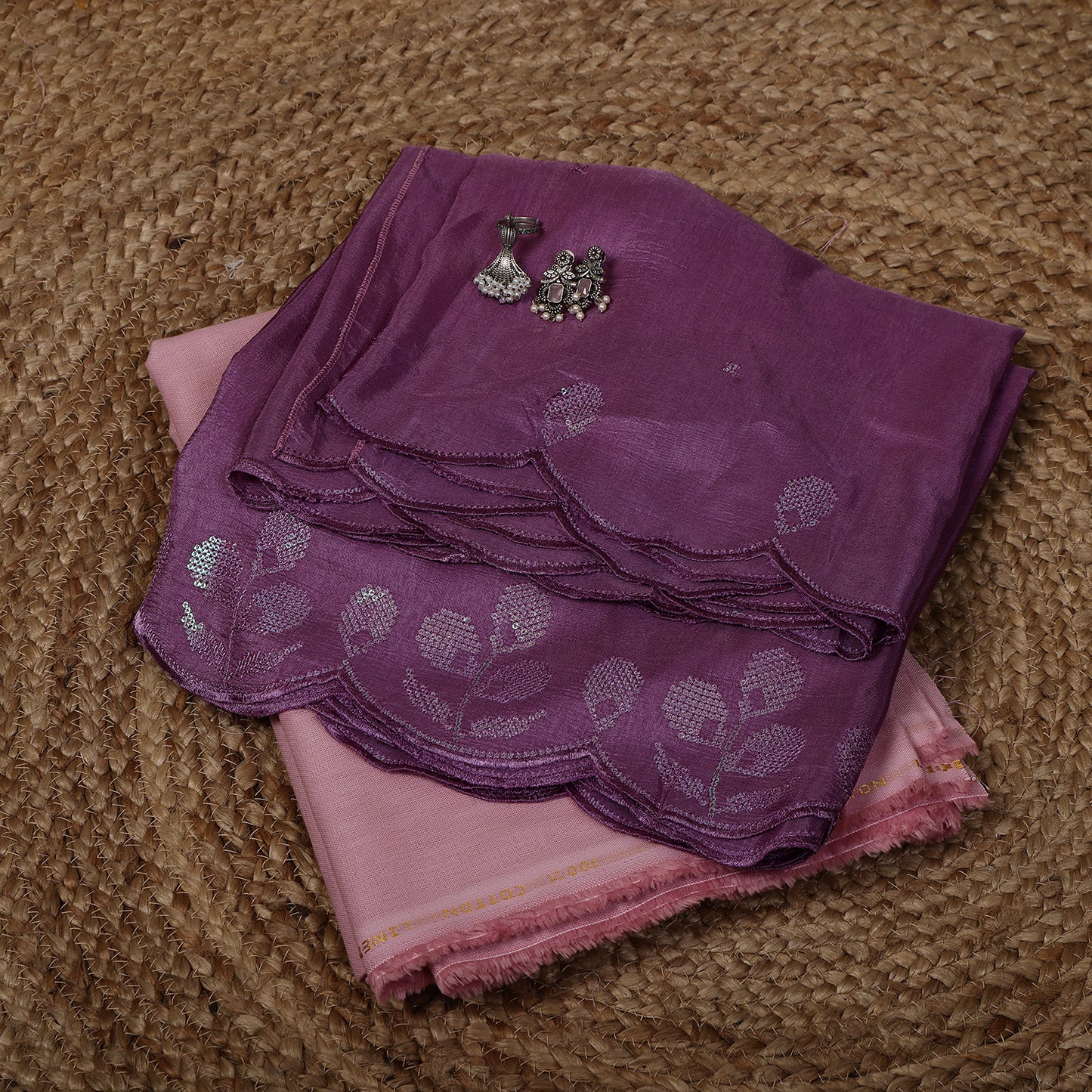 Pink Linen Unstitched Suit Set with Purple Sequins Embroidered Dupatta