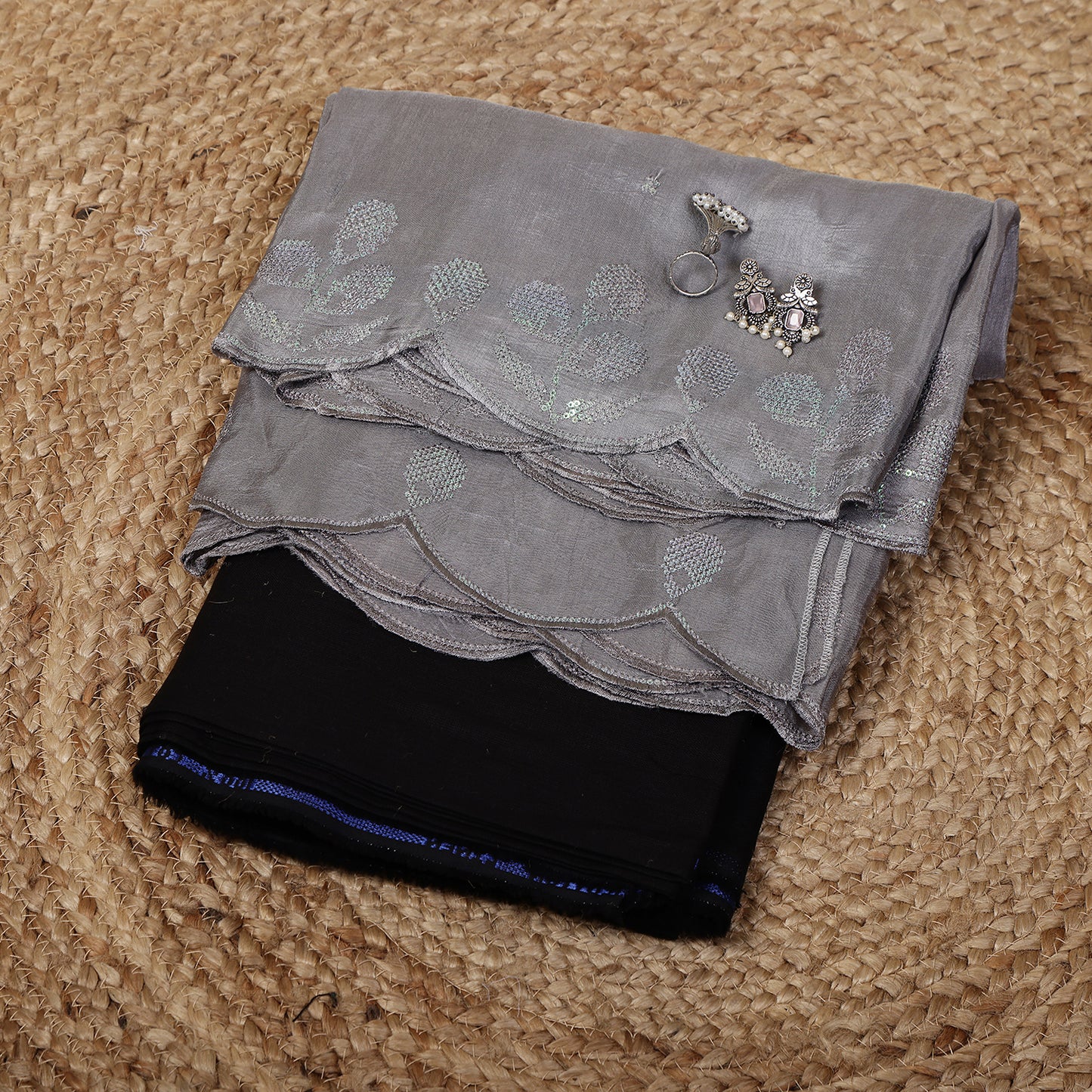 Black Linen Unstitched Suit Set with Grey Sequins Embroidered Dupatta
