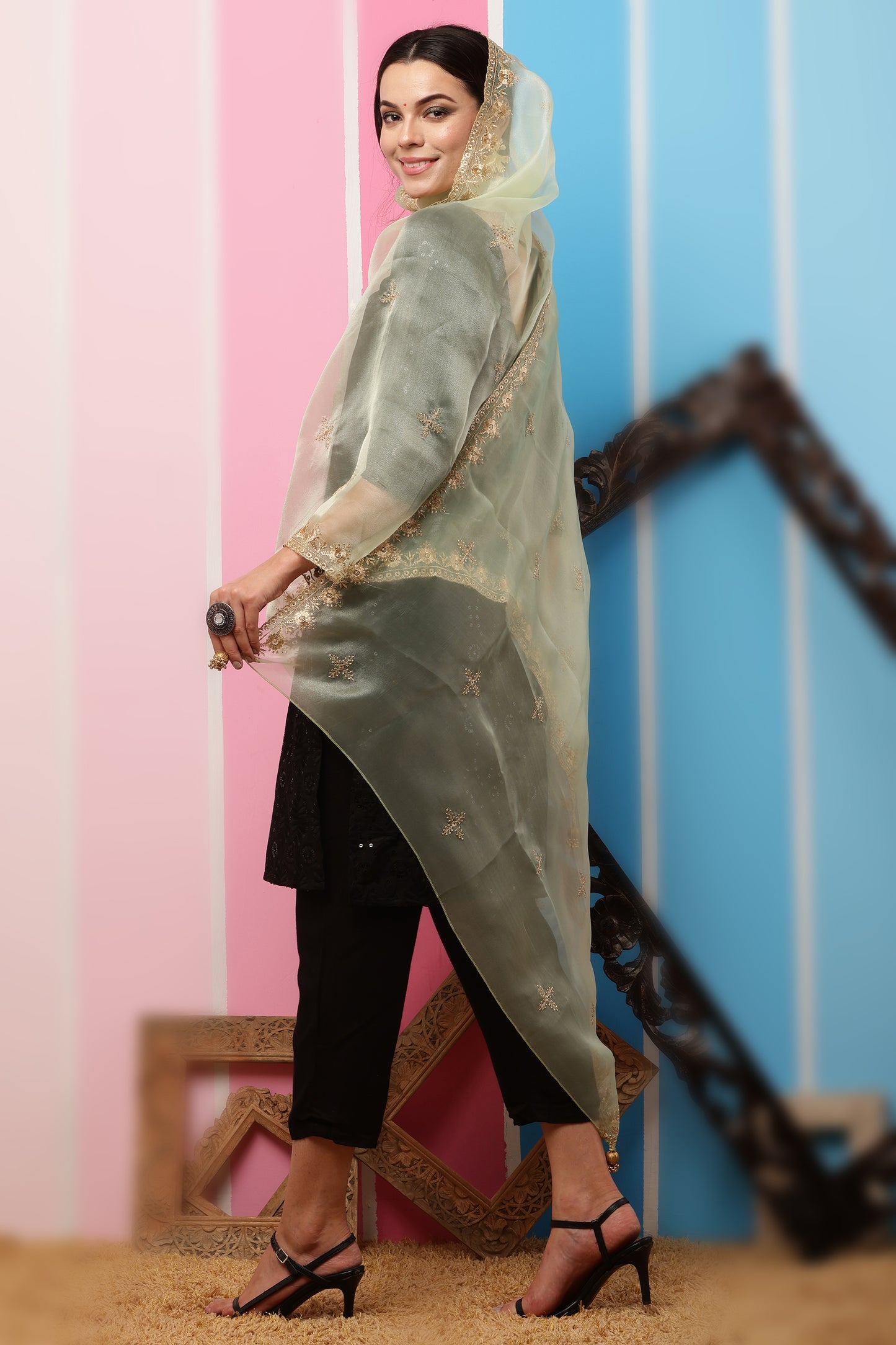 Organza Dupatta- Green Zari