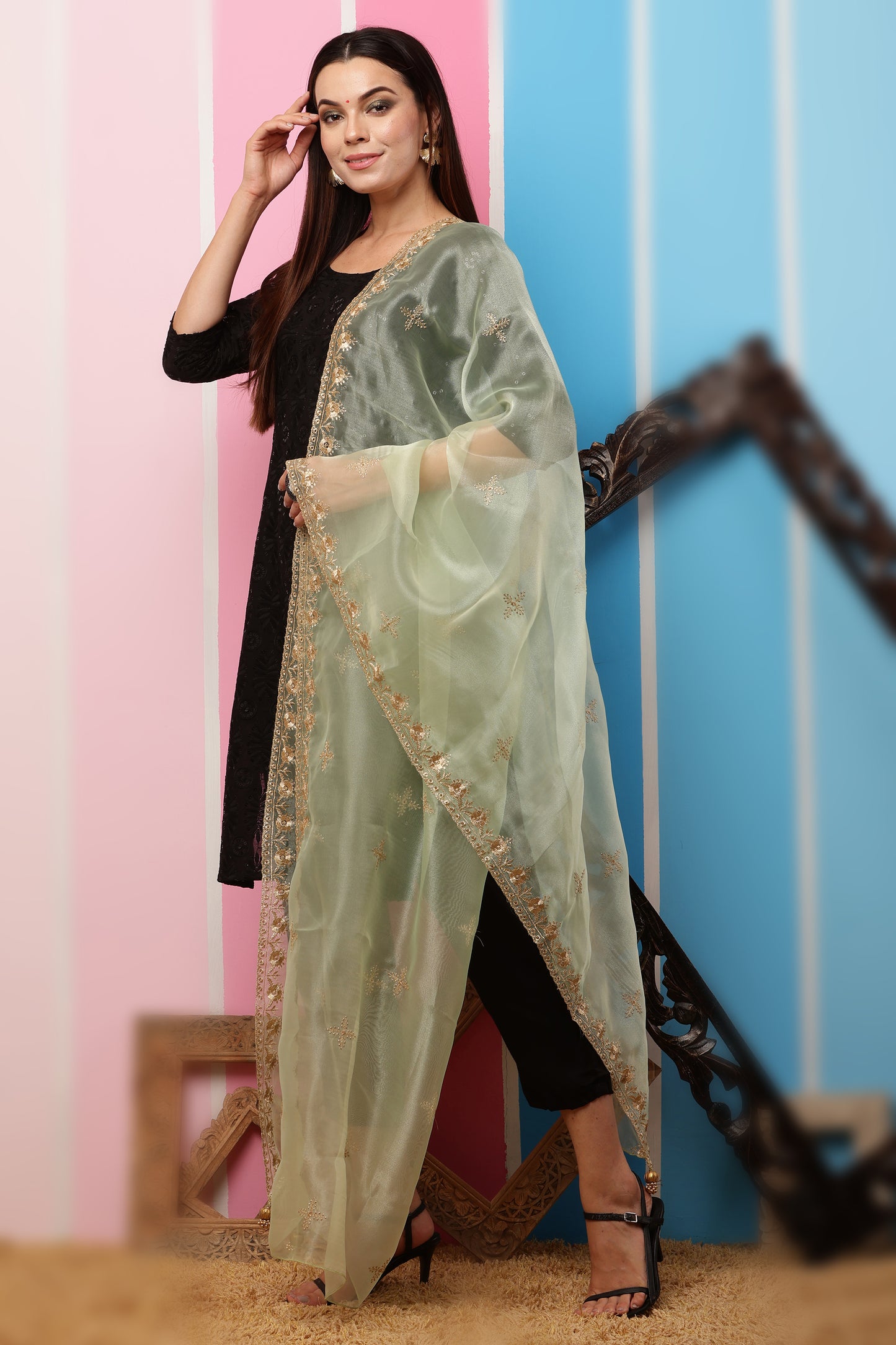 Organza Dupatta- Green Zari