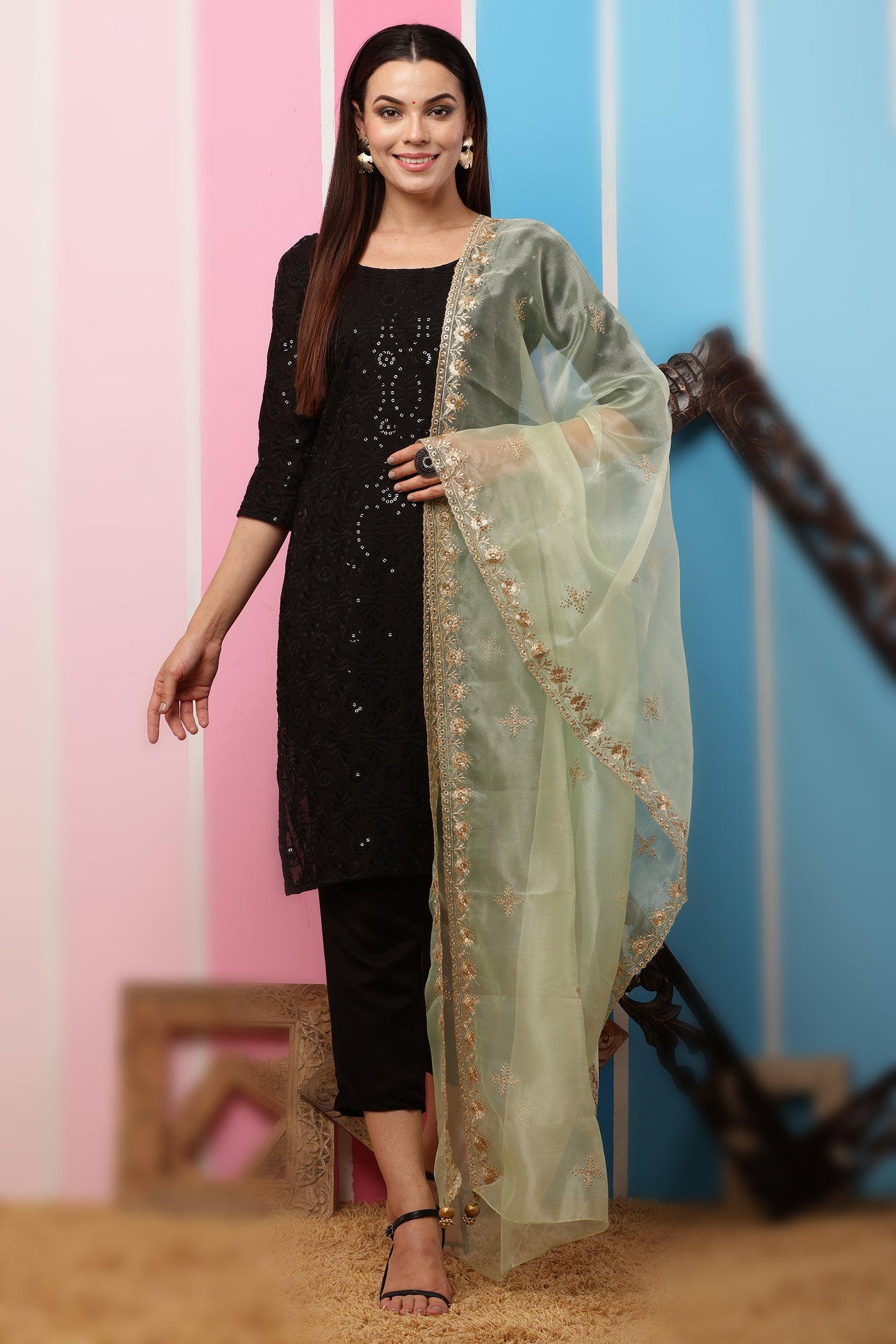 Organza Dupatta- Green Zari