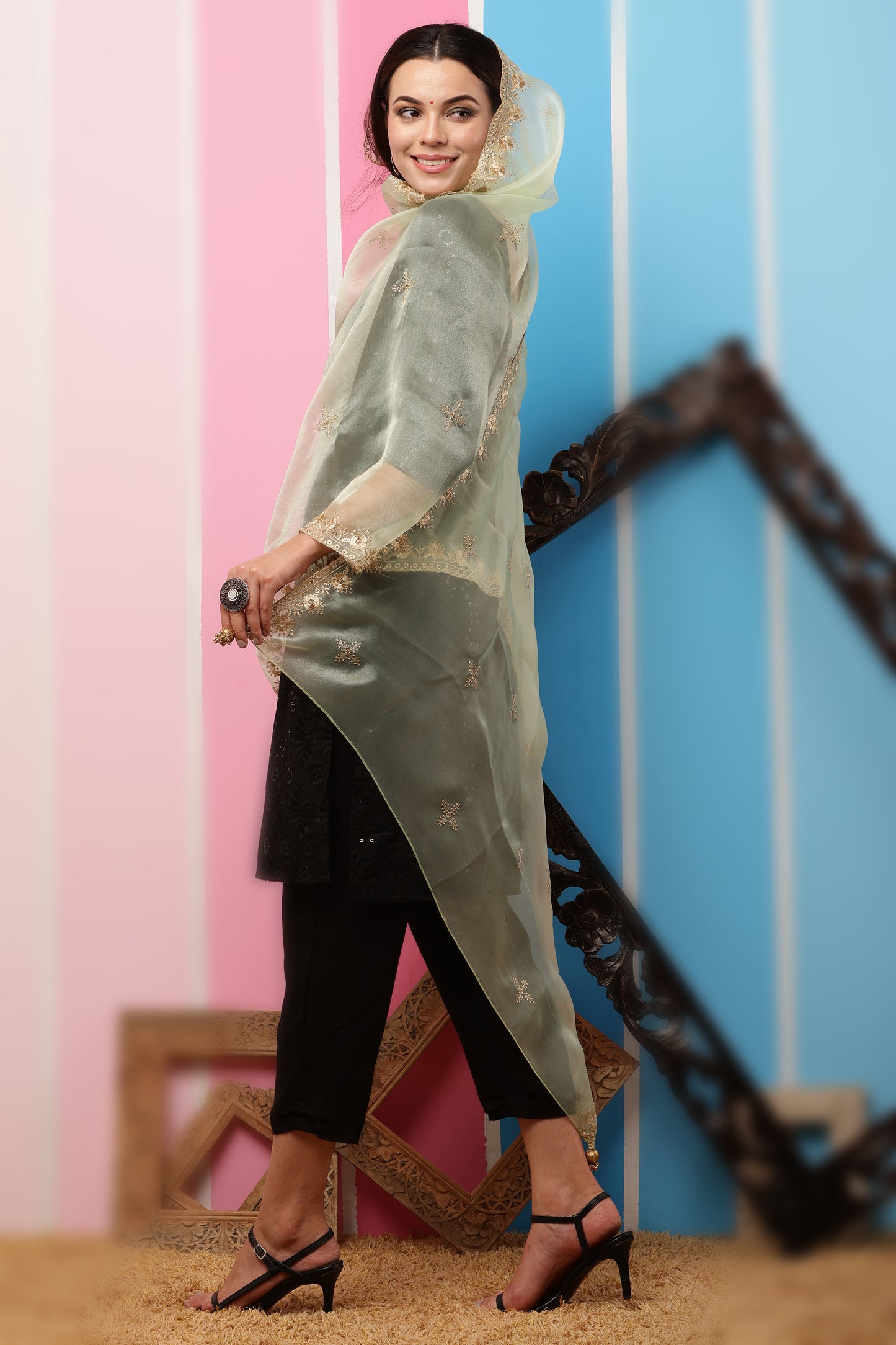 Organza Dupatta- Green Zari